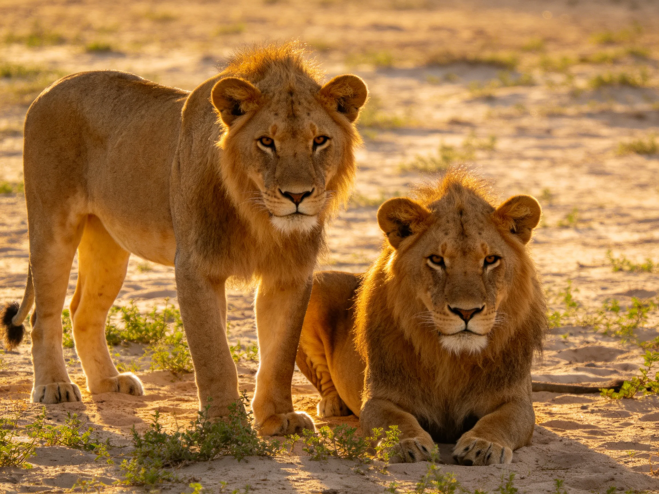 Two golden lions, one standing, one reclining, on sunlit sand