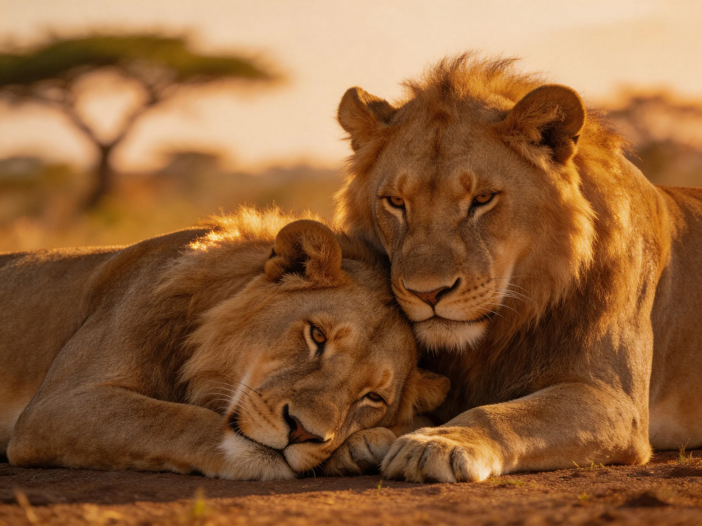 Two golden lions rest closely together a sunlit savannah