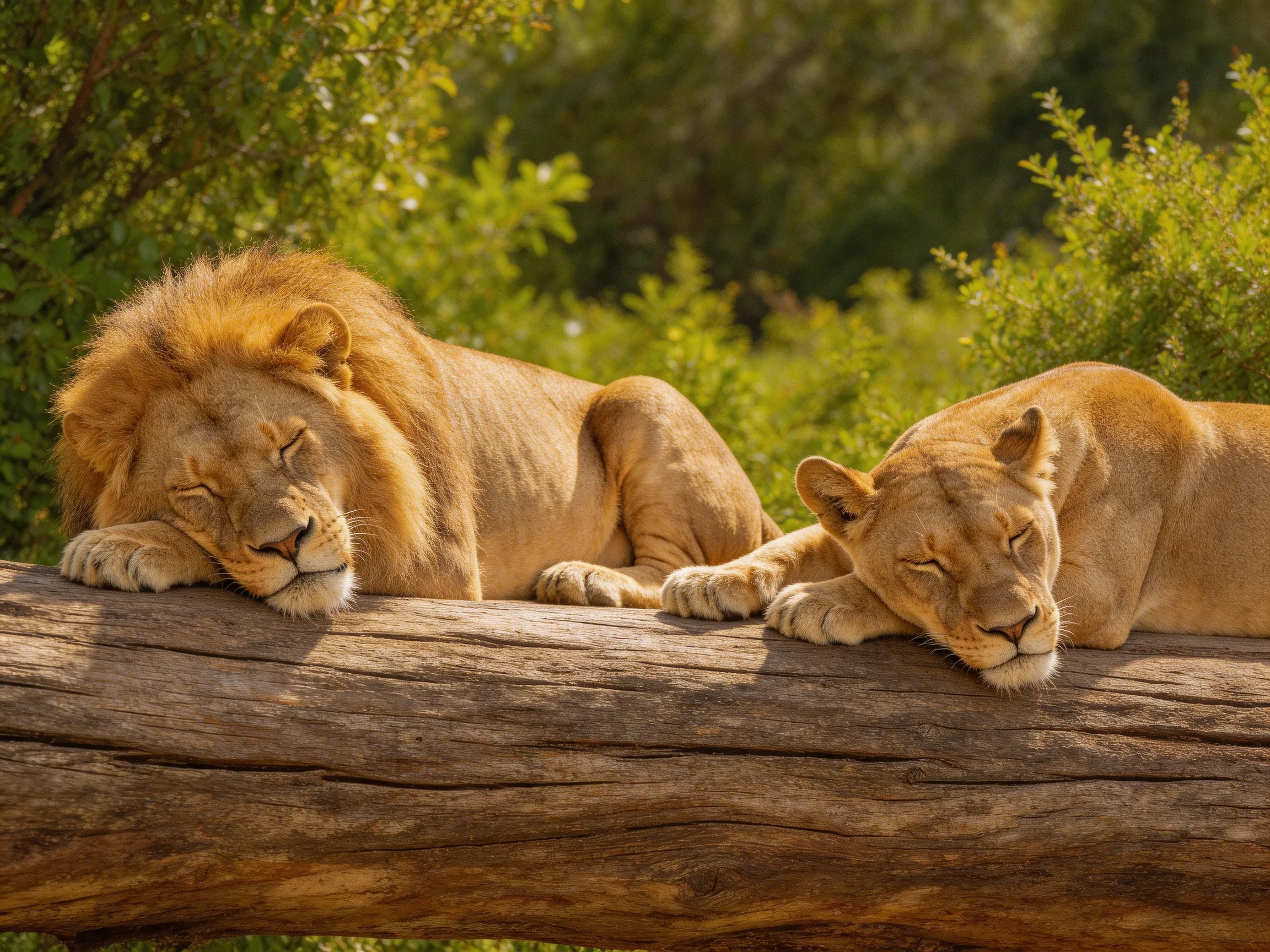 Two lions rest together on a log in a sunlit natural setting.