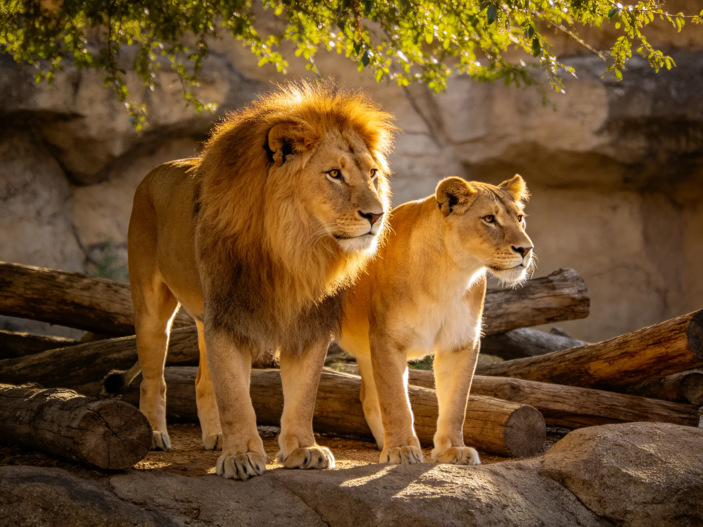 Two golden lions stand near stacked logs under sunny foliage