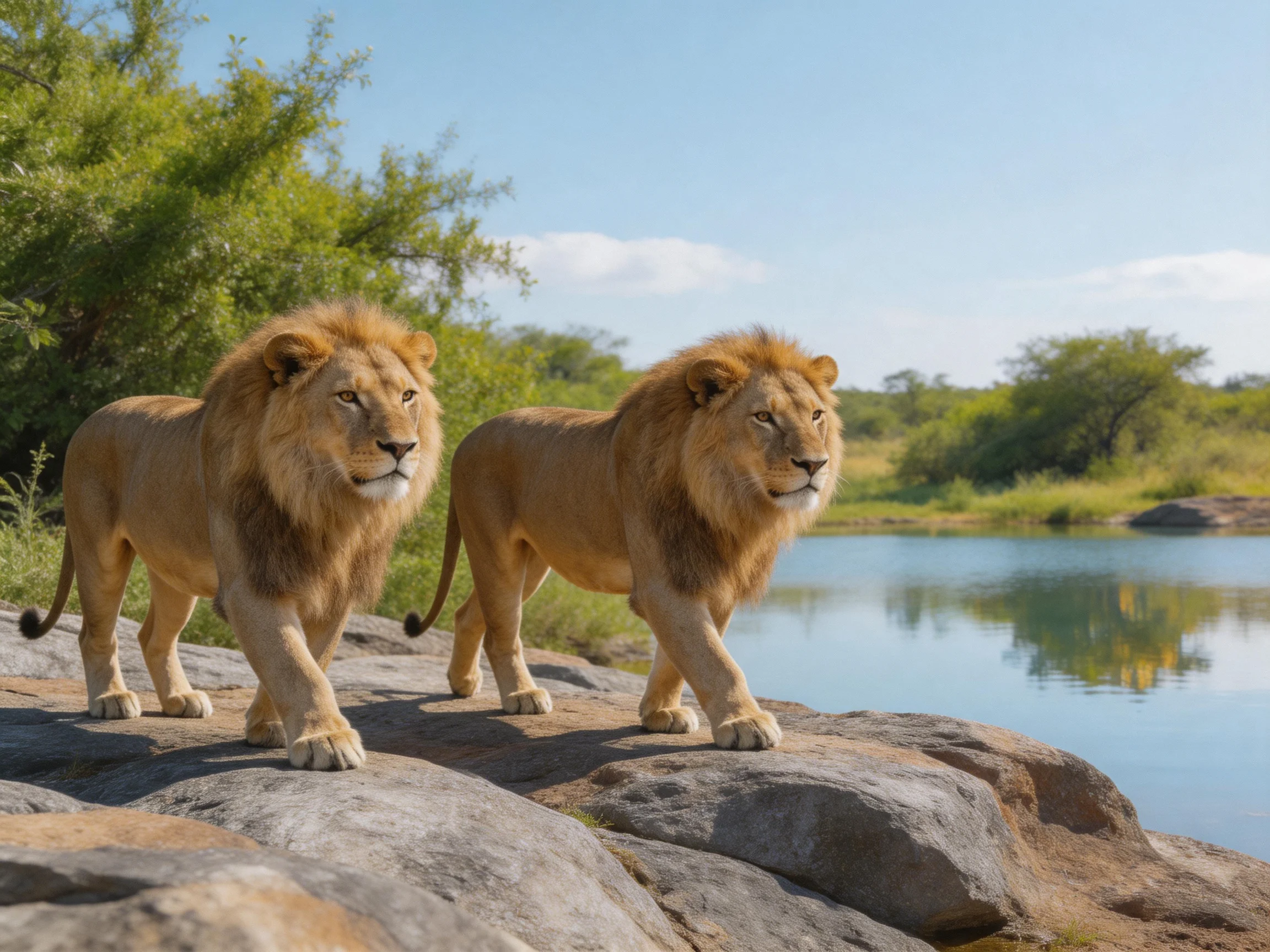 Two lions walk on rocks near a calm water source.