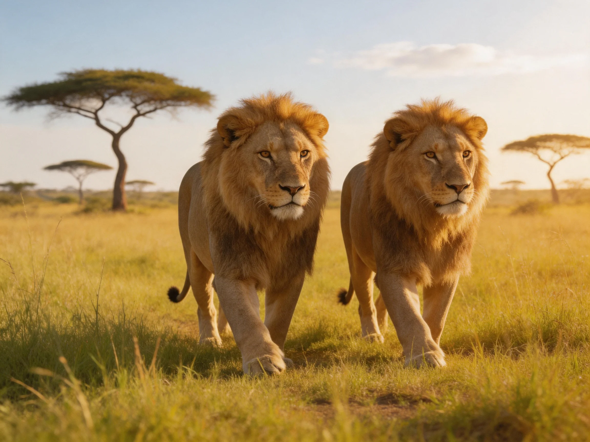 Two golden lions walk through a sunlit savannah with acacia trees