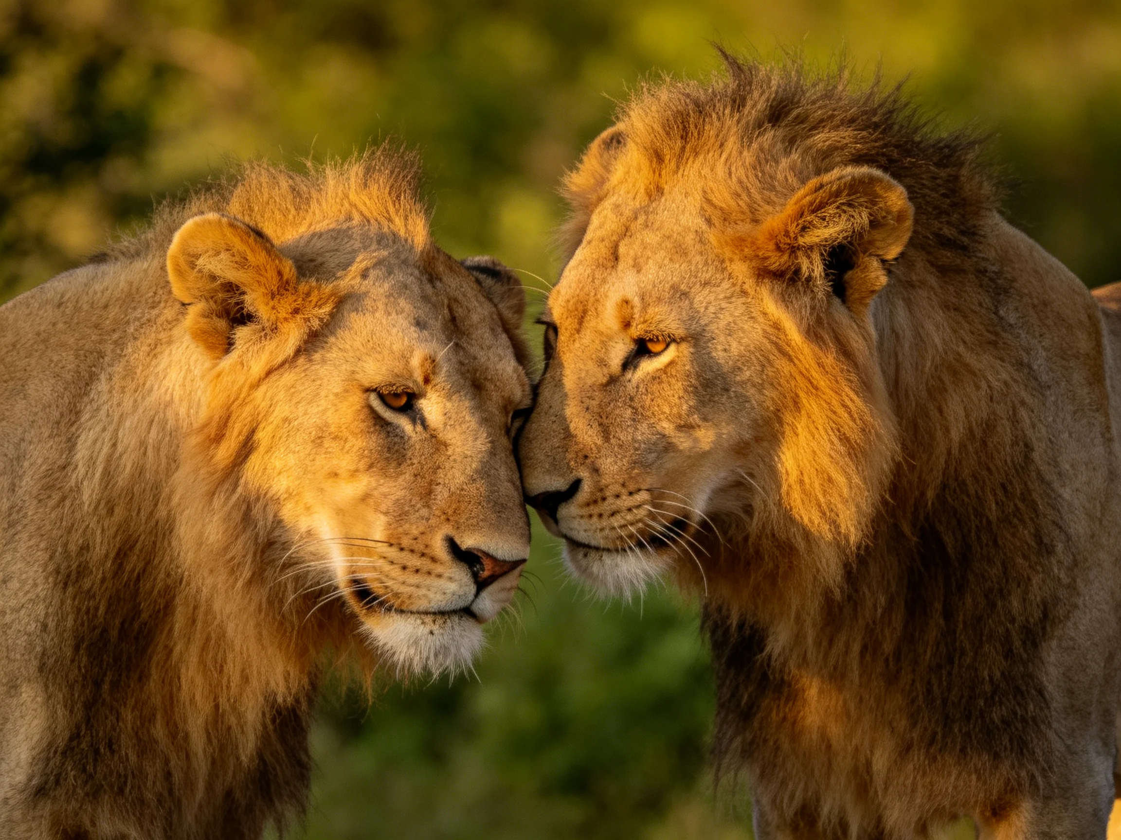 Two golden-maned lions nuzzle closely in a sunlit natural setting