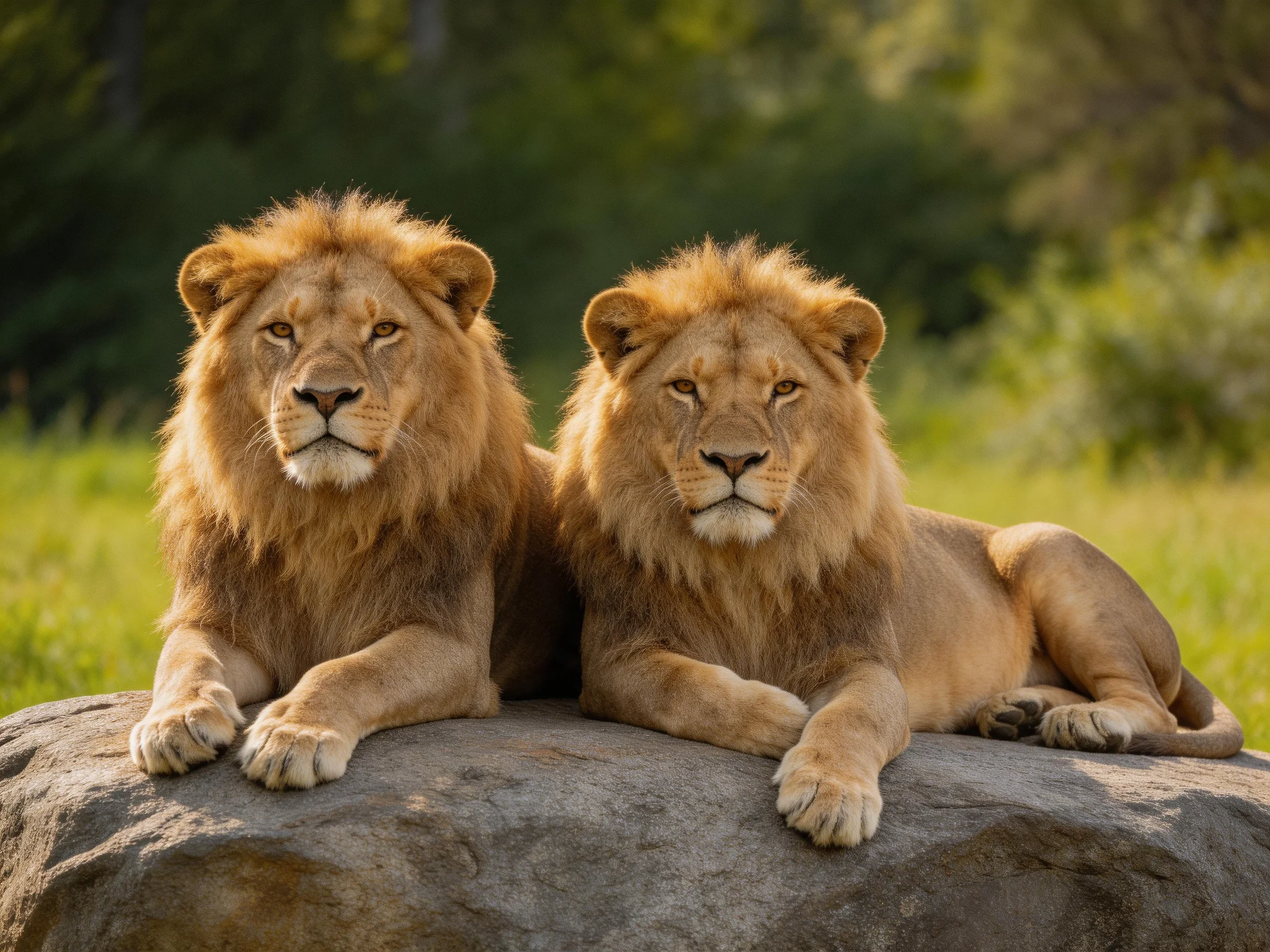 Two golden-maned lions relax on a large rock amid greenery