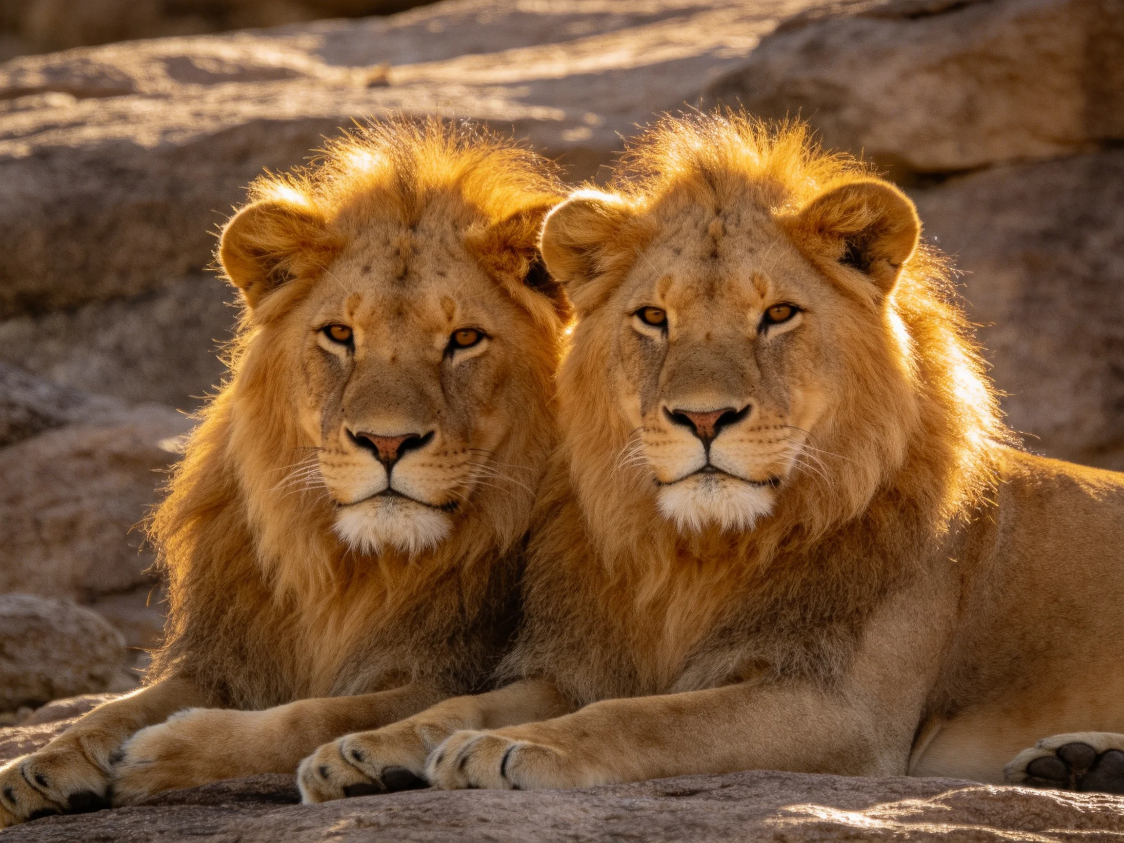 Two golden-maned lions rest together against a rocky backdrop