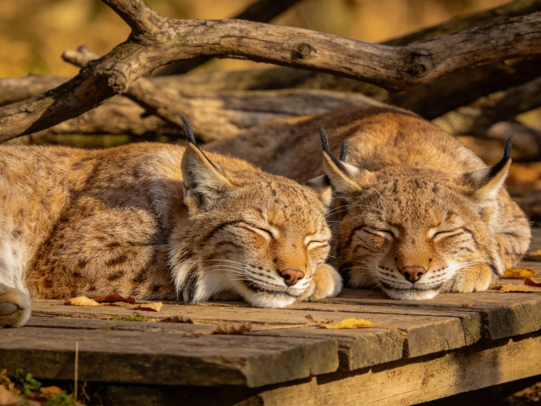 Two lynxes sleep together on a wooden platform in natural surroundings.