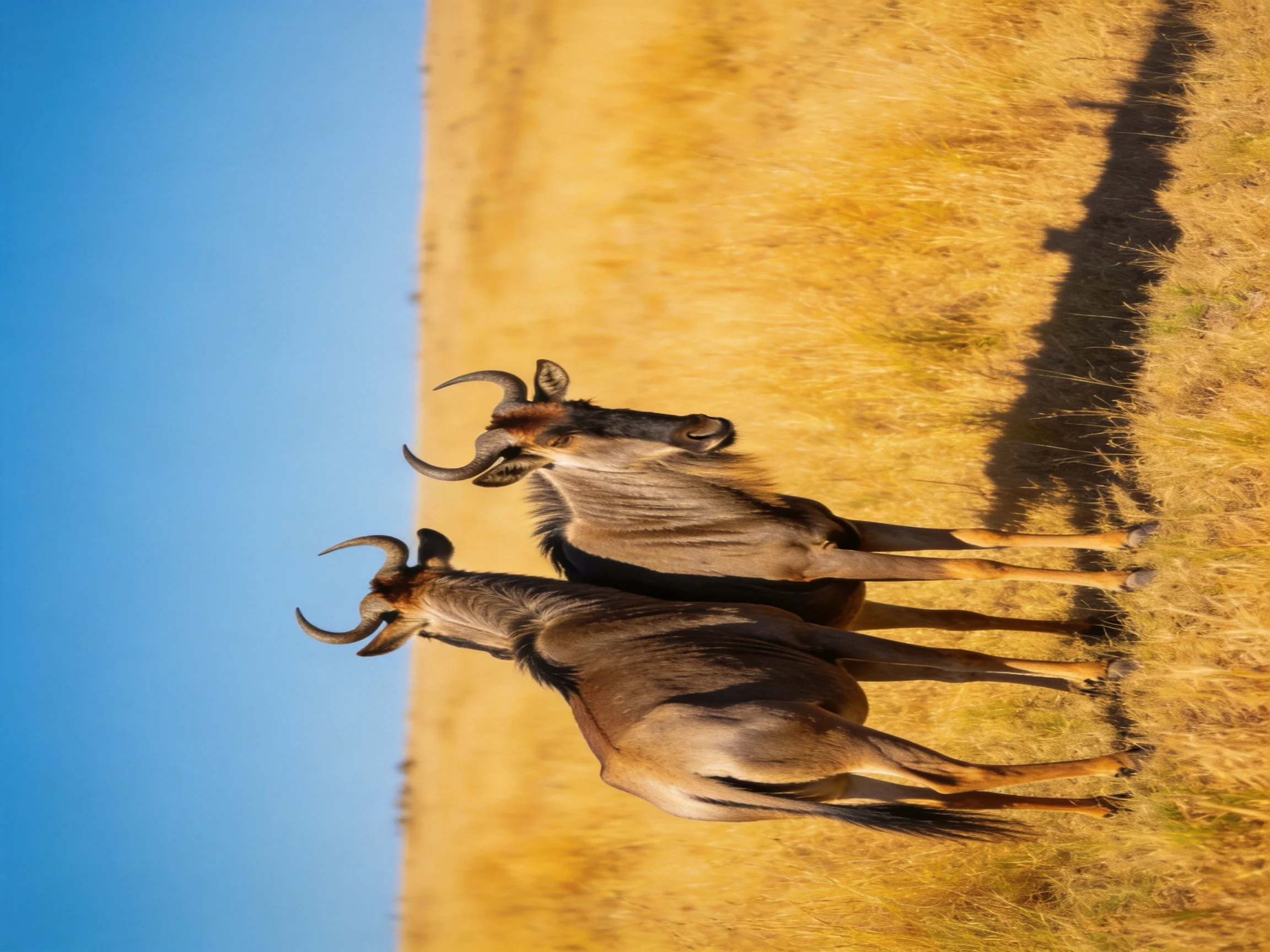 Two horned antelopes rest in golden savannah under bright blue sky.