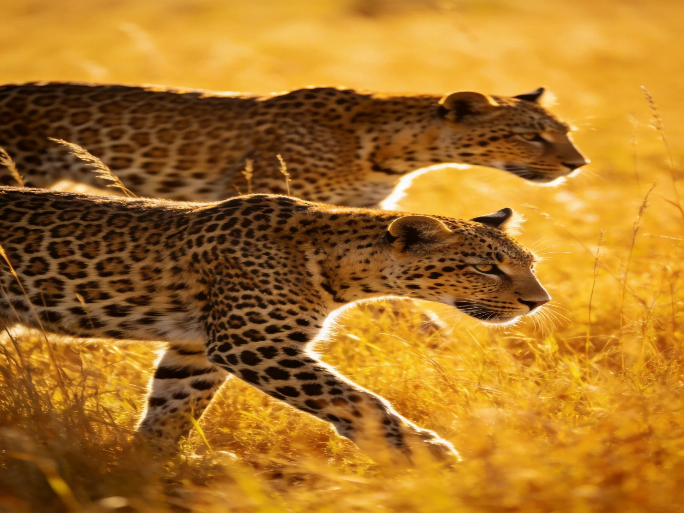 Two leopards traverse golden savannah grasslands under warm sunlight