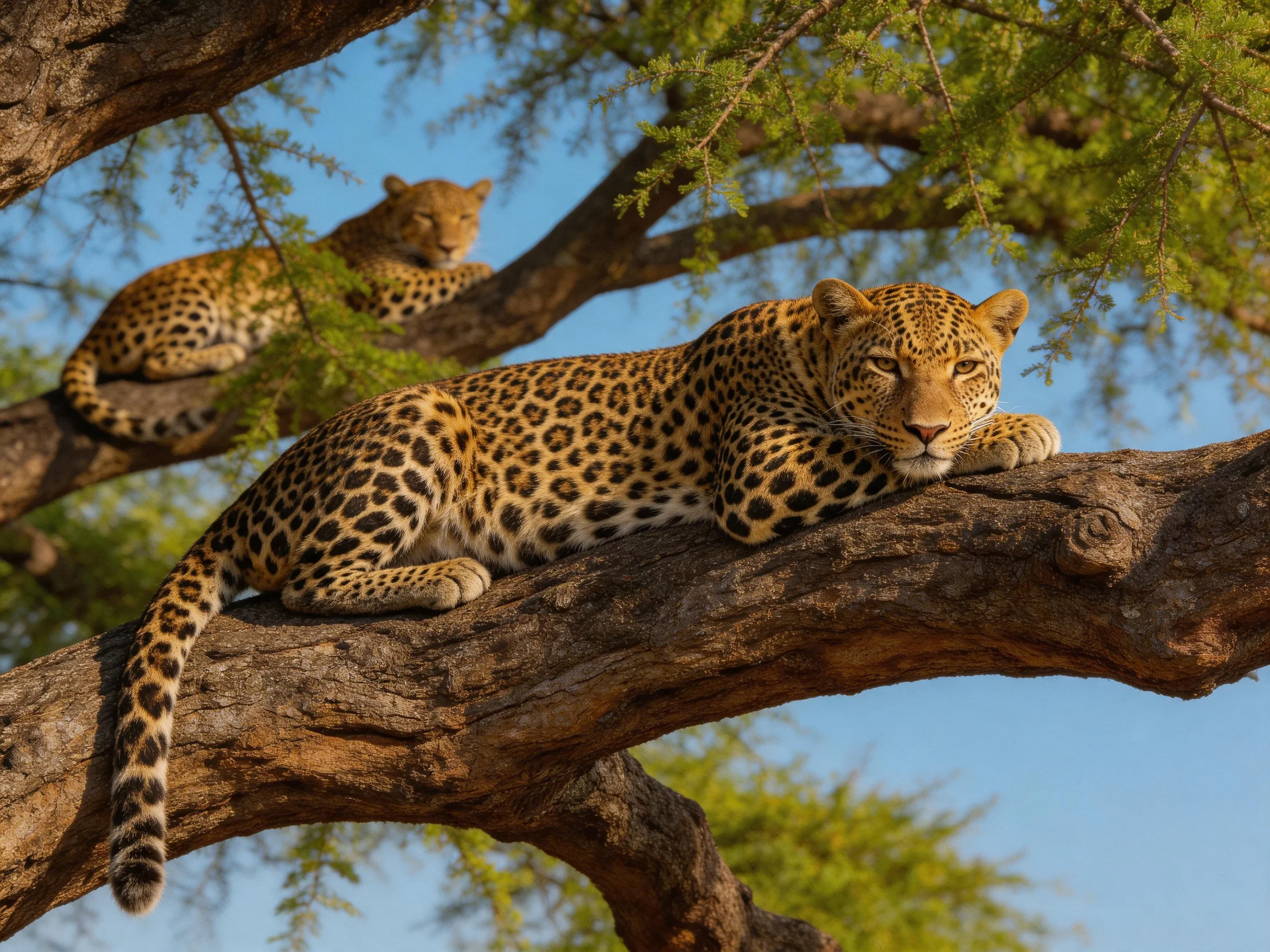 Two leopards with spotted coats relax on large tree branches
