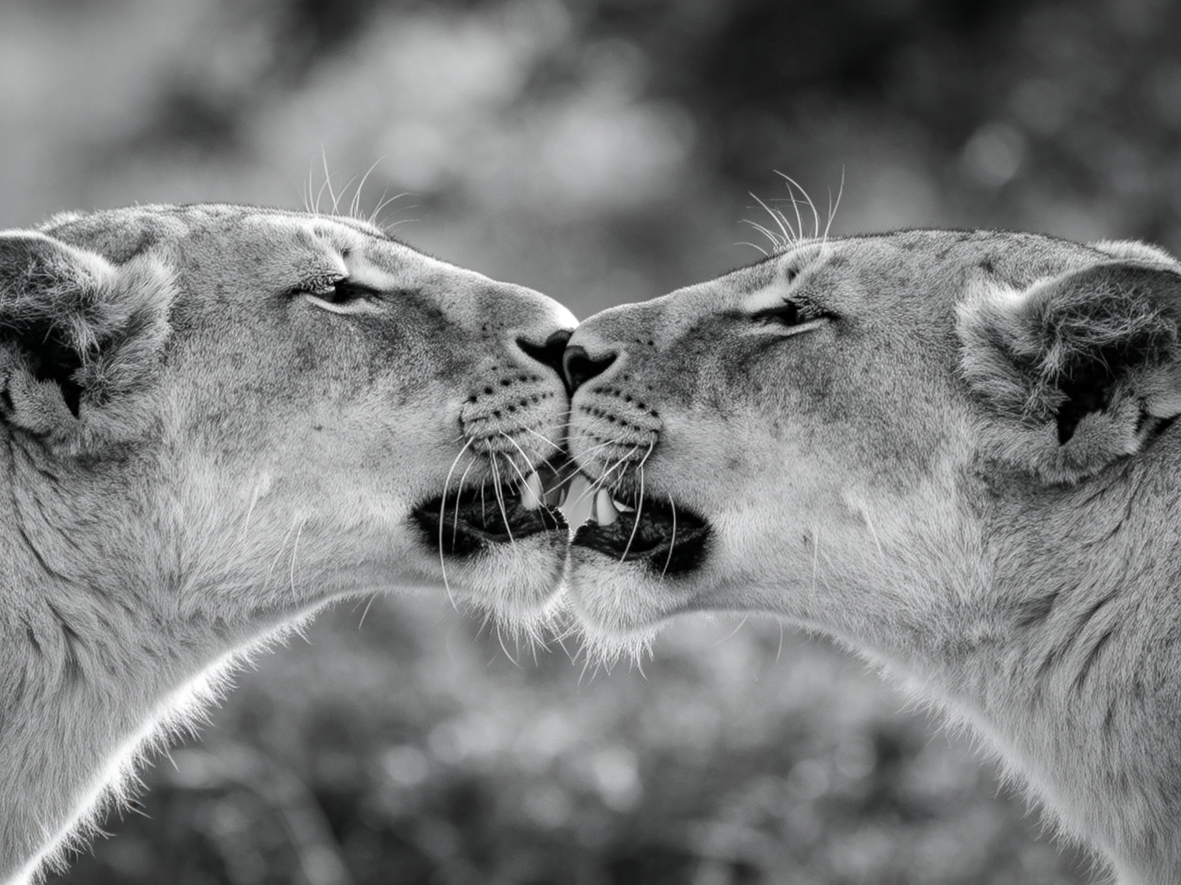 Two lionesses touch faces closely in nature.