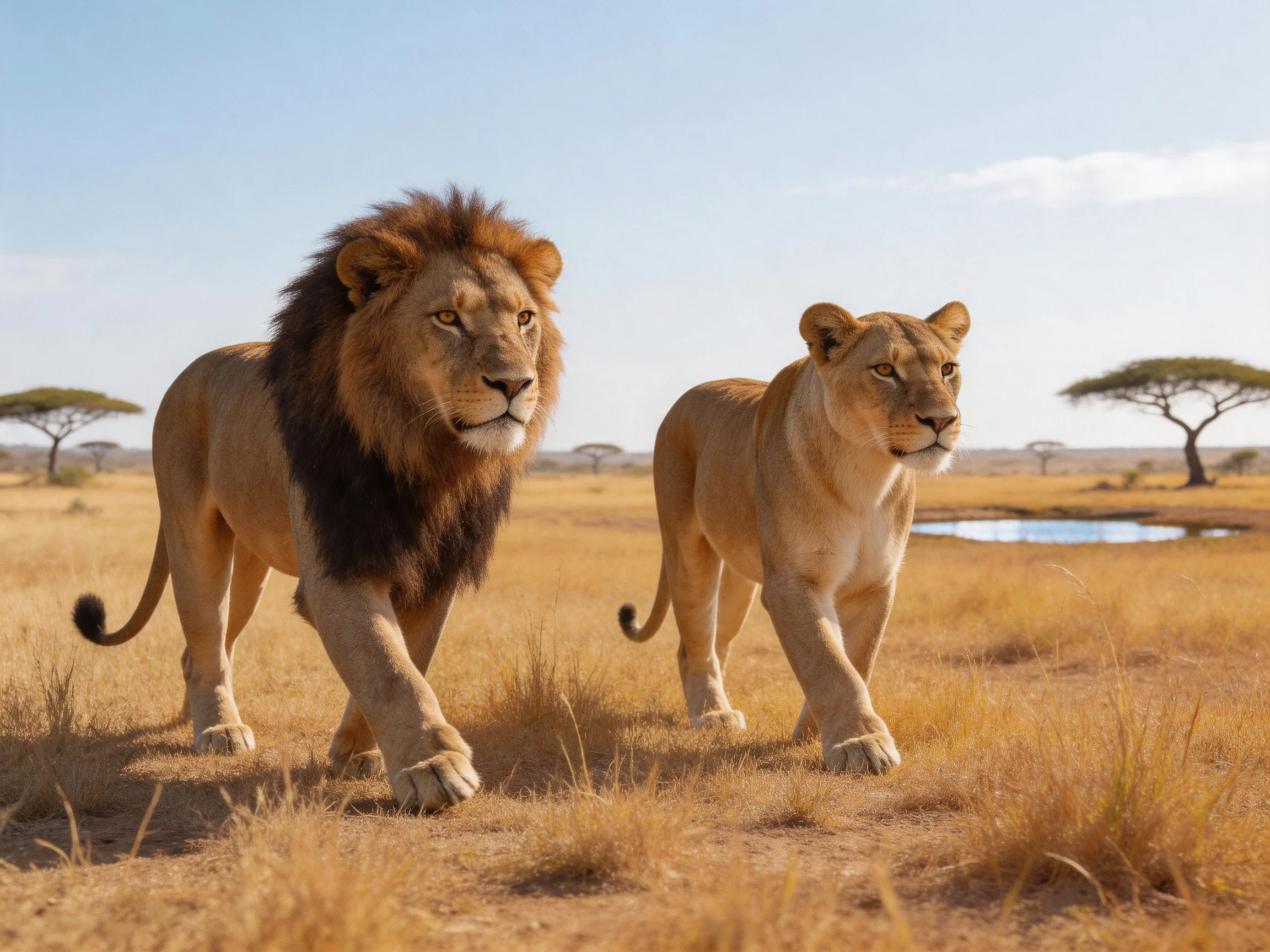 Two lions—a maned male and a lioness—stroll through golden savannah