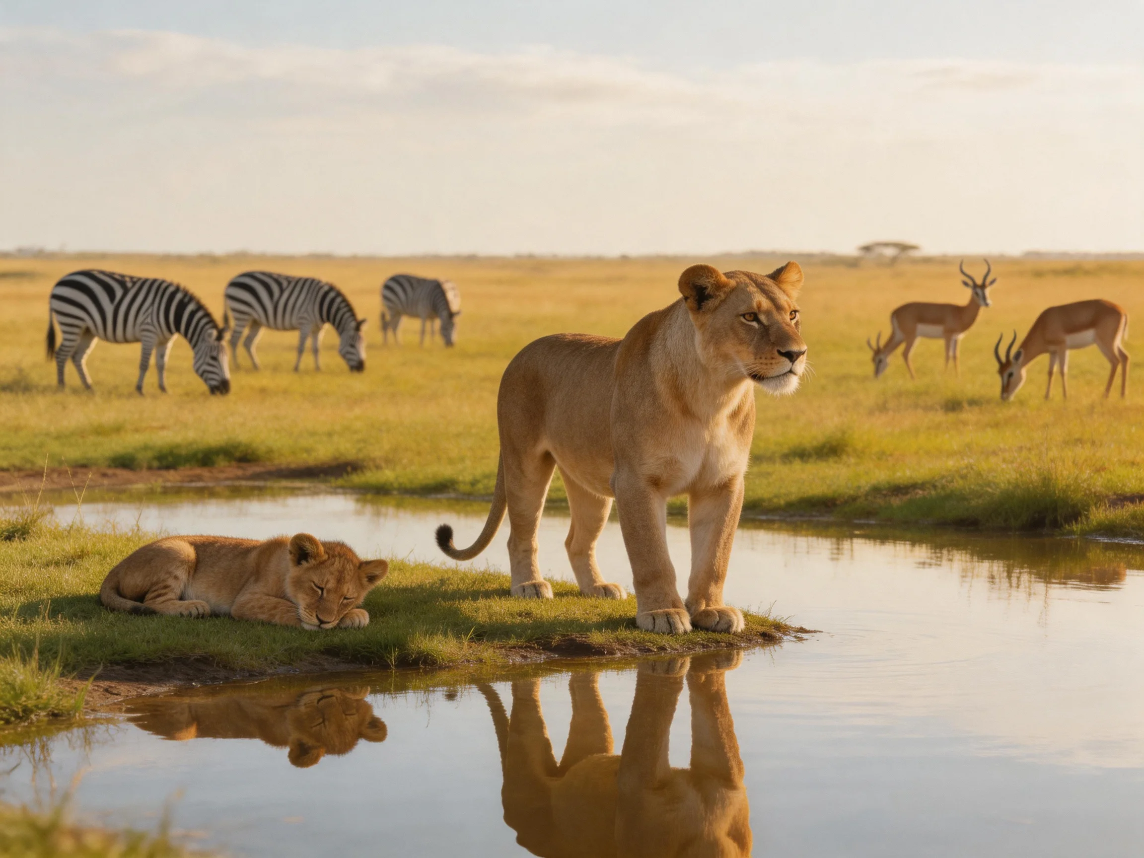 Lions and other animals live in a peaceful savannah landscape.