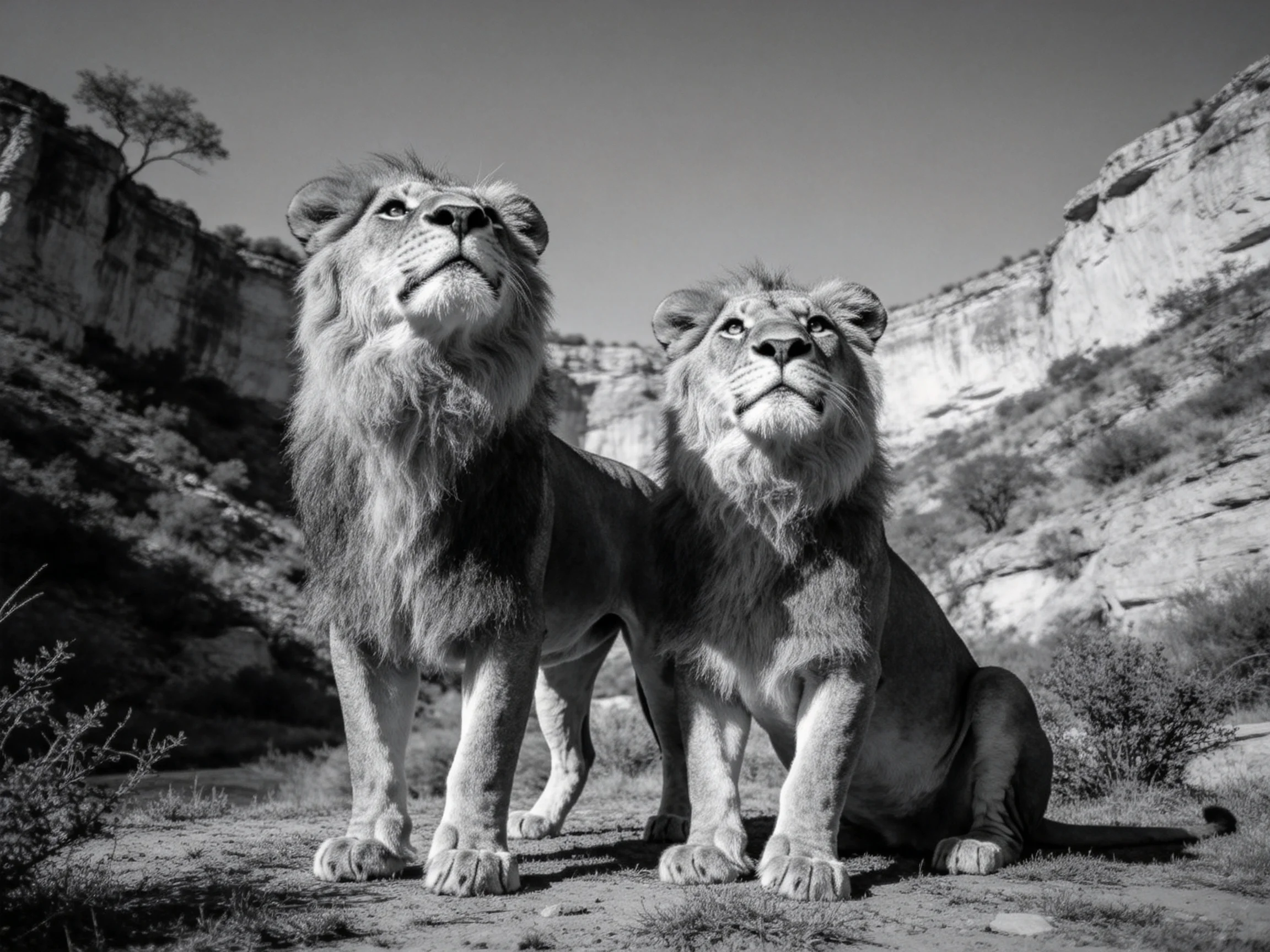 Two lions stand and sit together near rocky cliffs