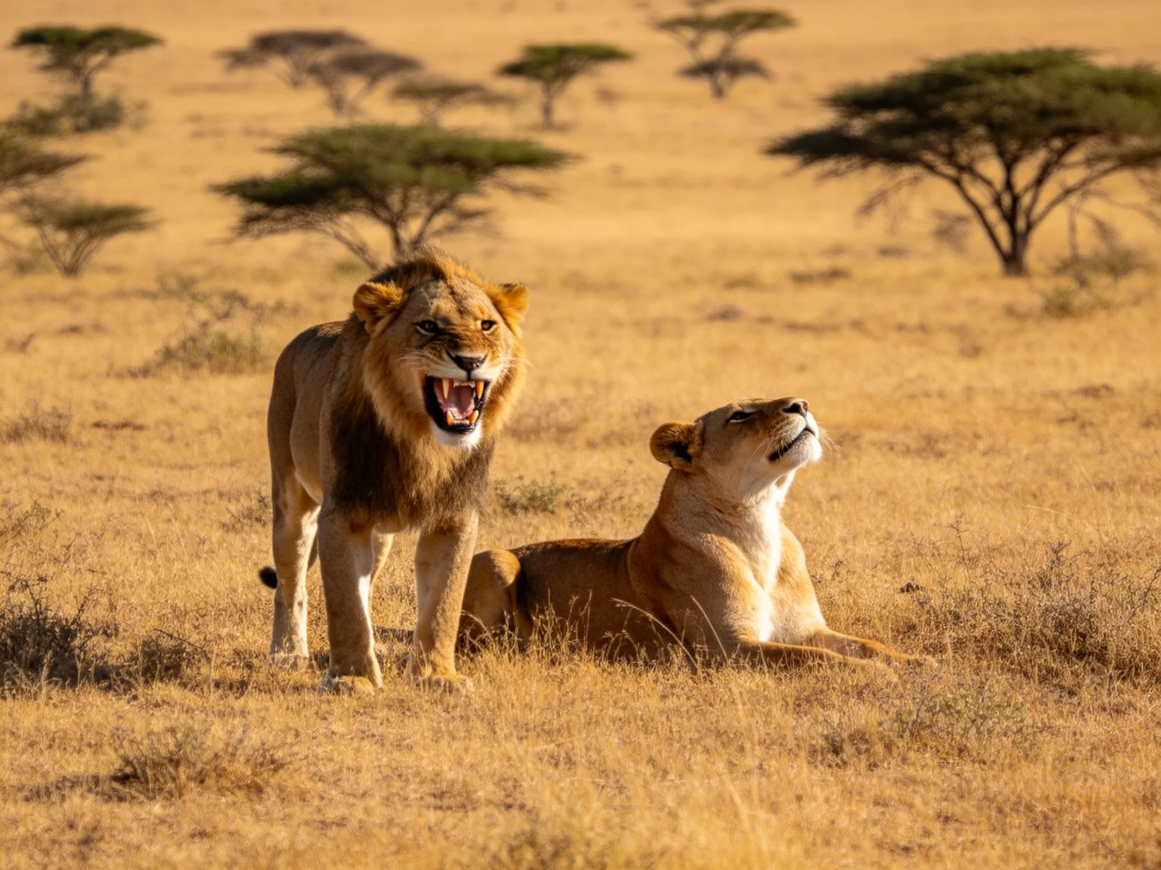 Two lions rest and stand in golden savannah with scattered acacia trees