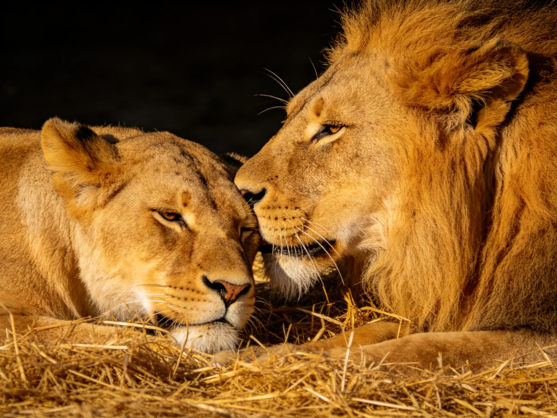 Two lions rest closely on golden straw under warm lighting