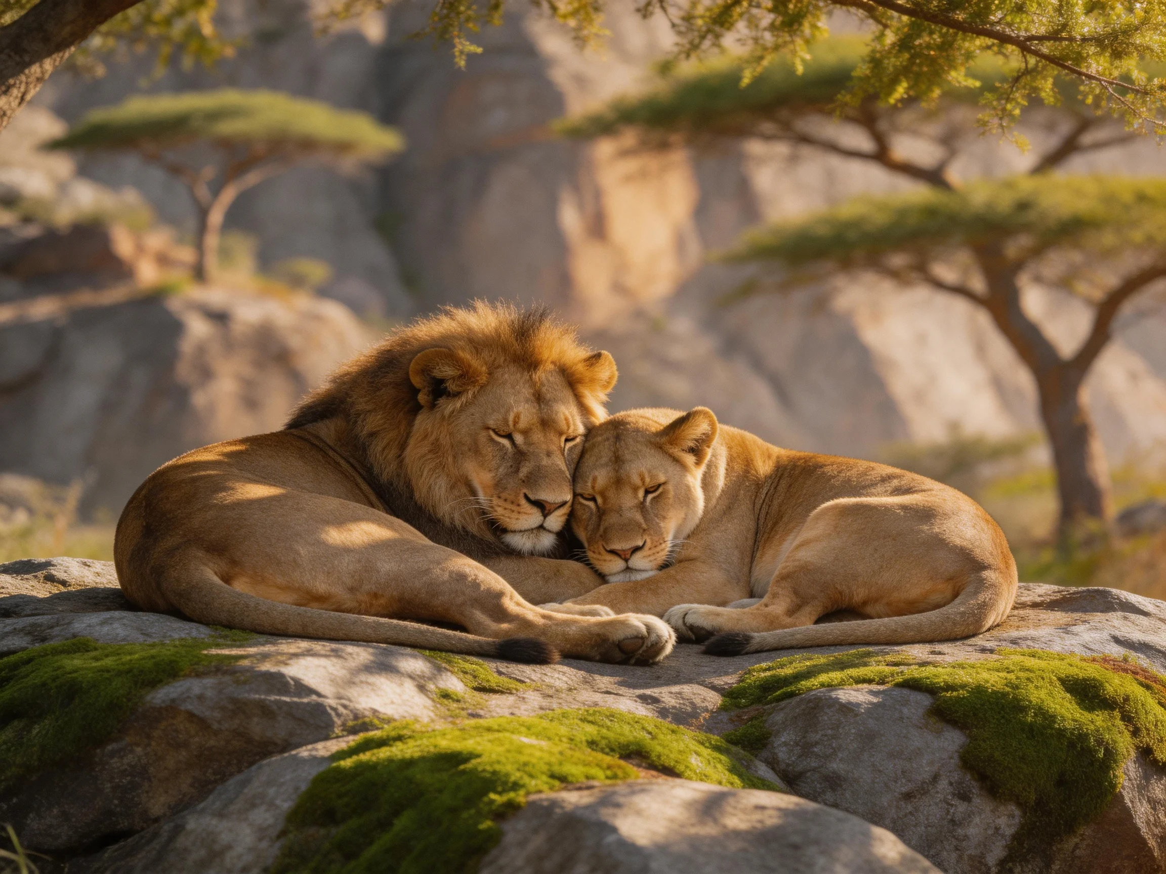 Two lions rest closely on mossy rocks in a sunlit savannah