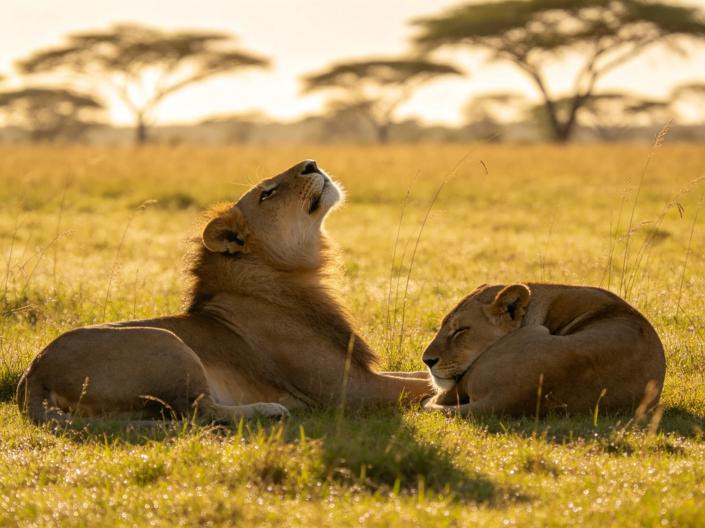 Two lions rest in golden savannah grass near acacia trees under warm sunlight