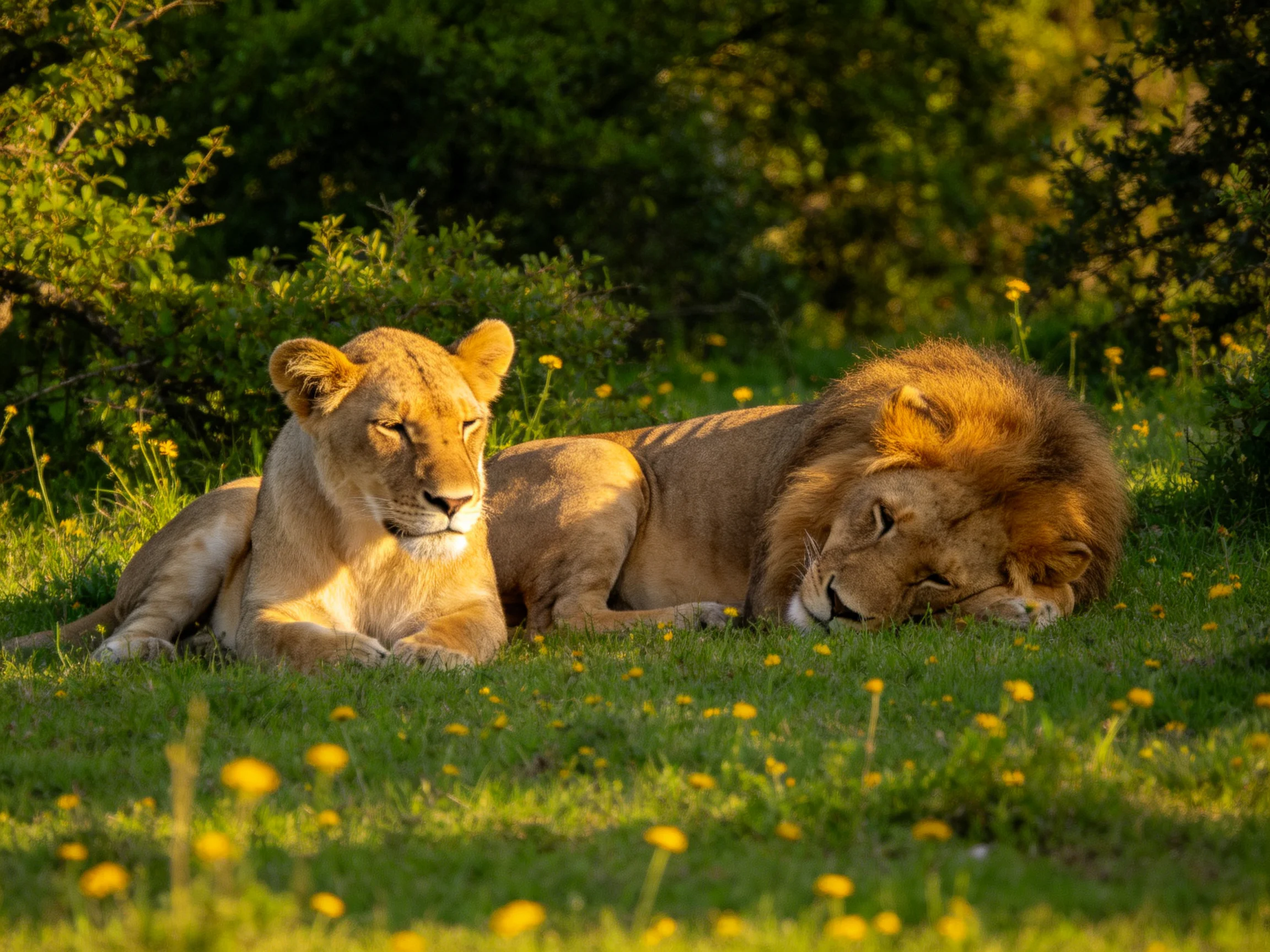 Two lions rest on a flowered meadow bathed in golden light