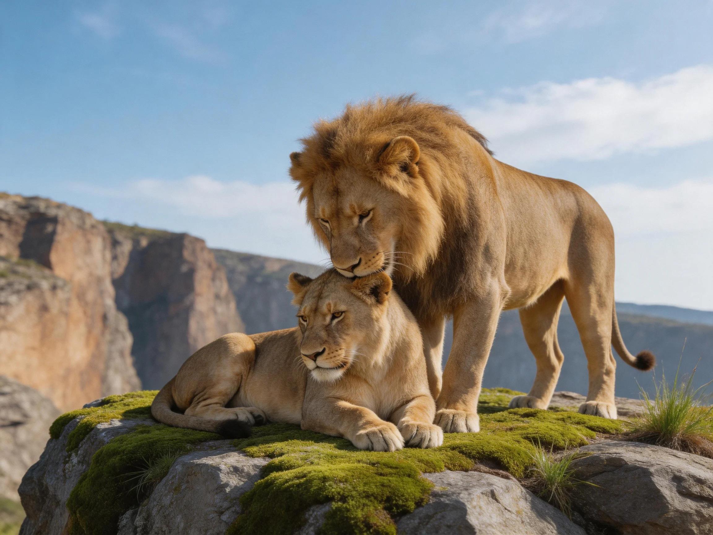 Two lions rest on a mossy rocky outcrop near cliffs
