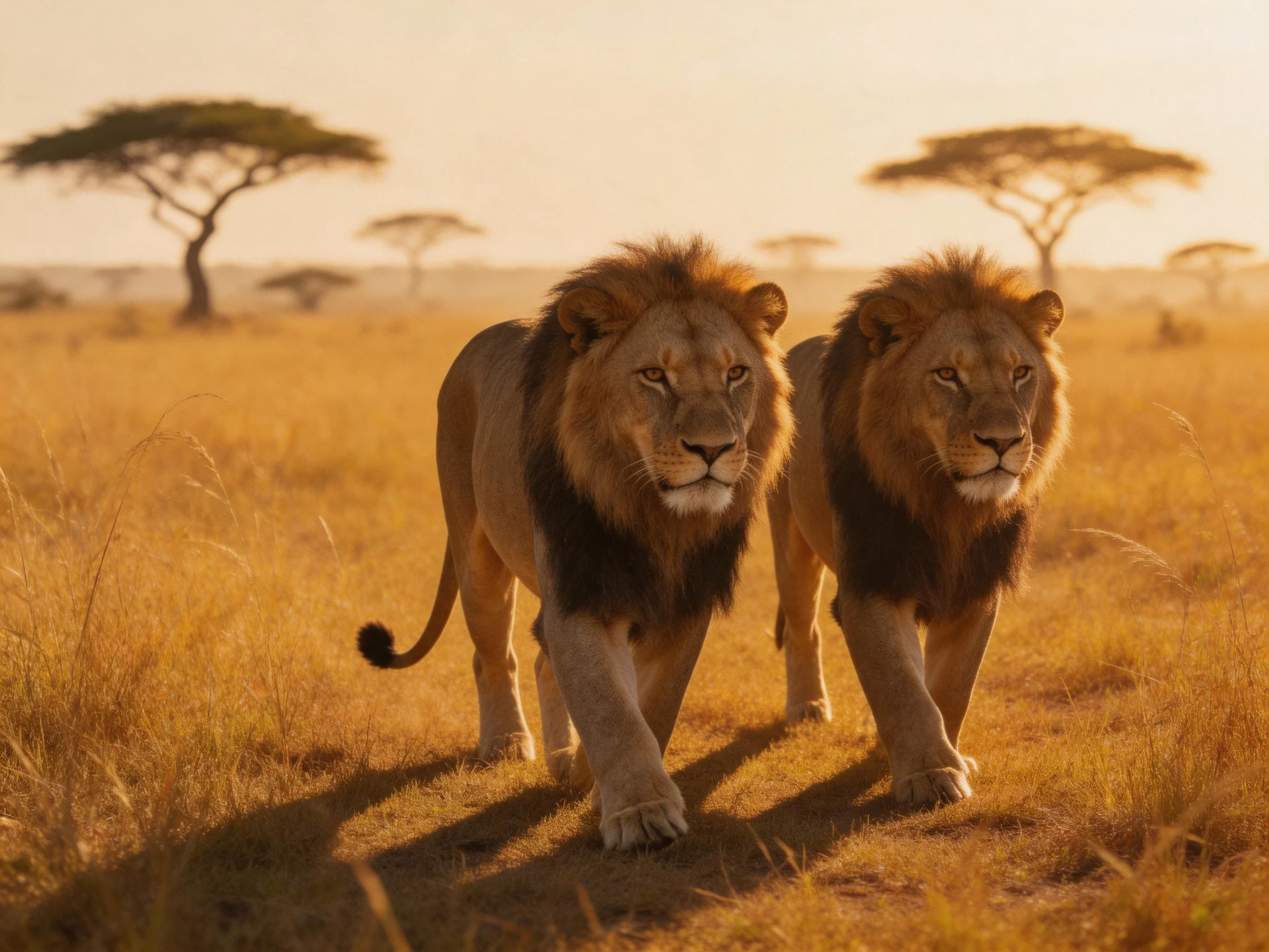 Two lions walk together on a sunlit savannah path.