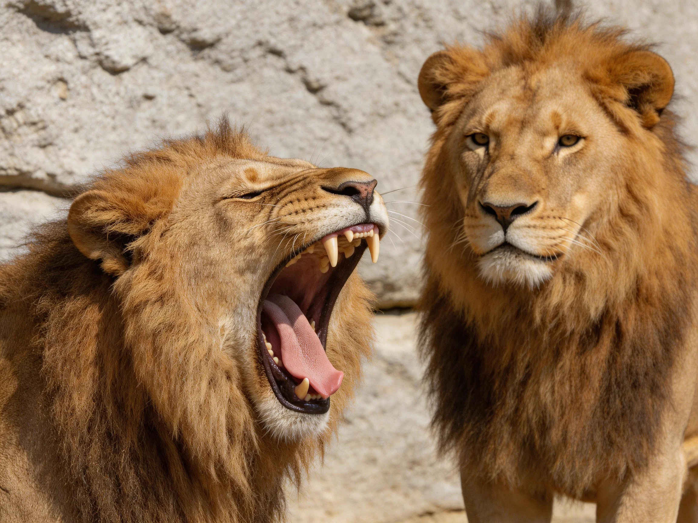Two lions with brown manes near a rocky stone wall, one yawning