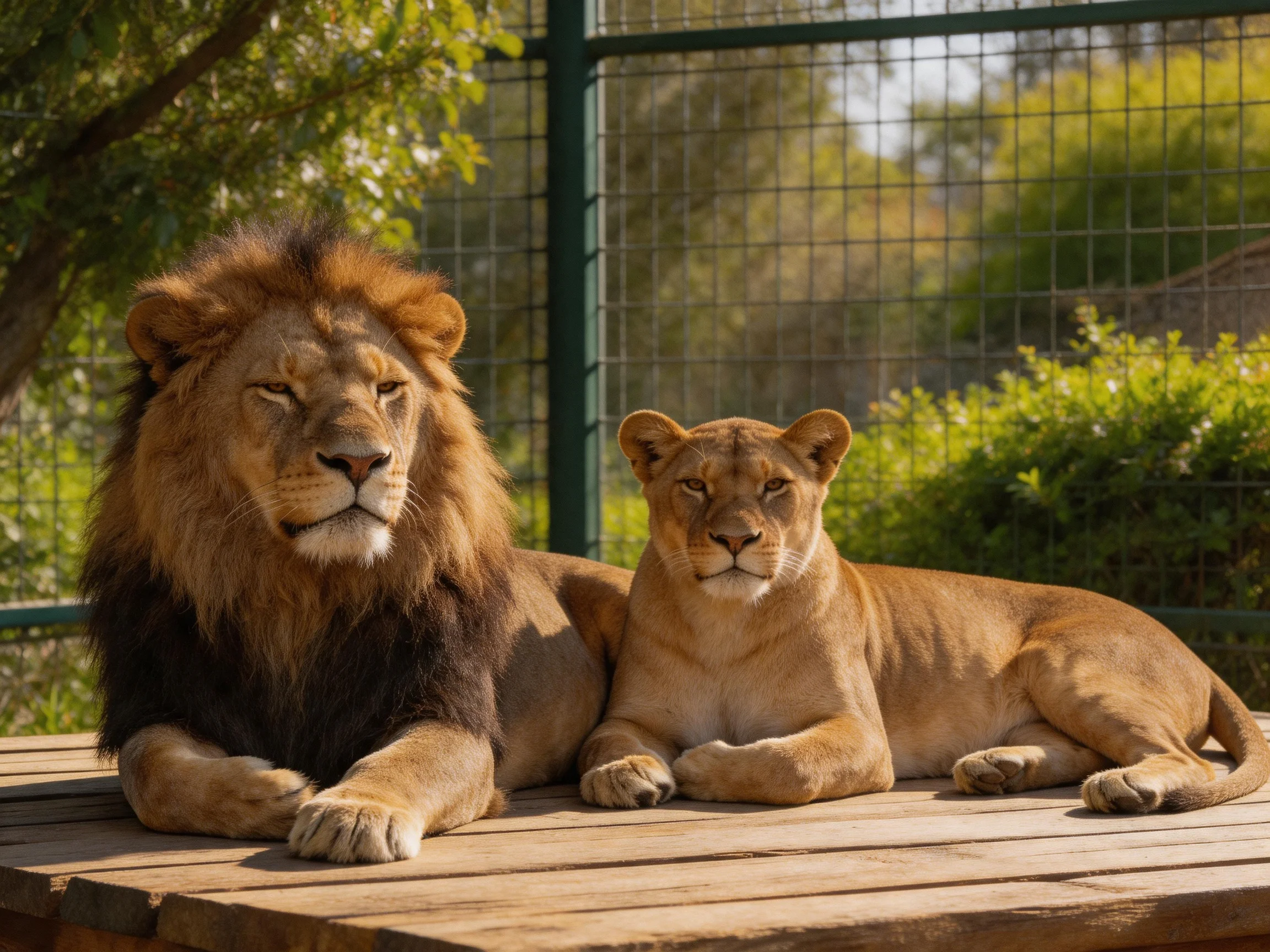 Two lions with contrasting manes rest on a wooden platform