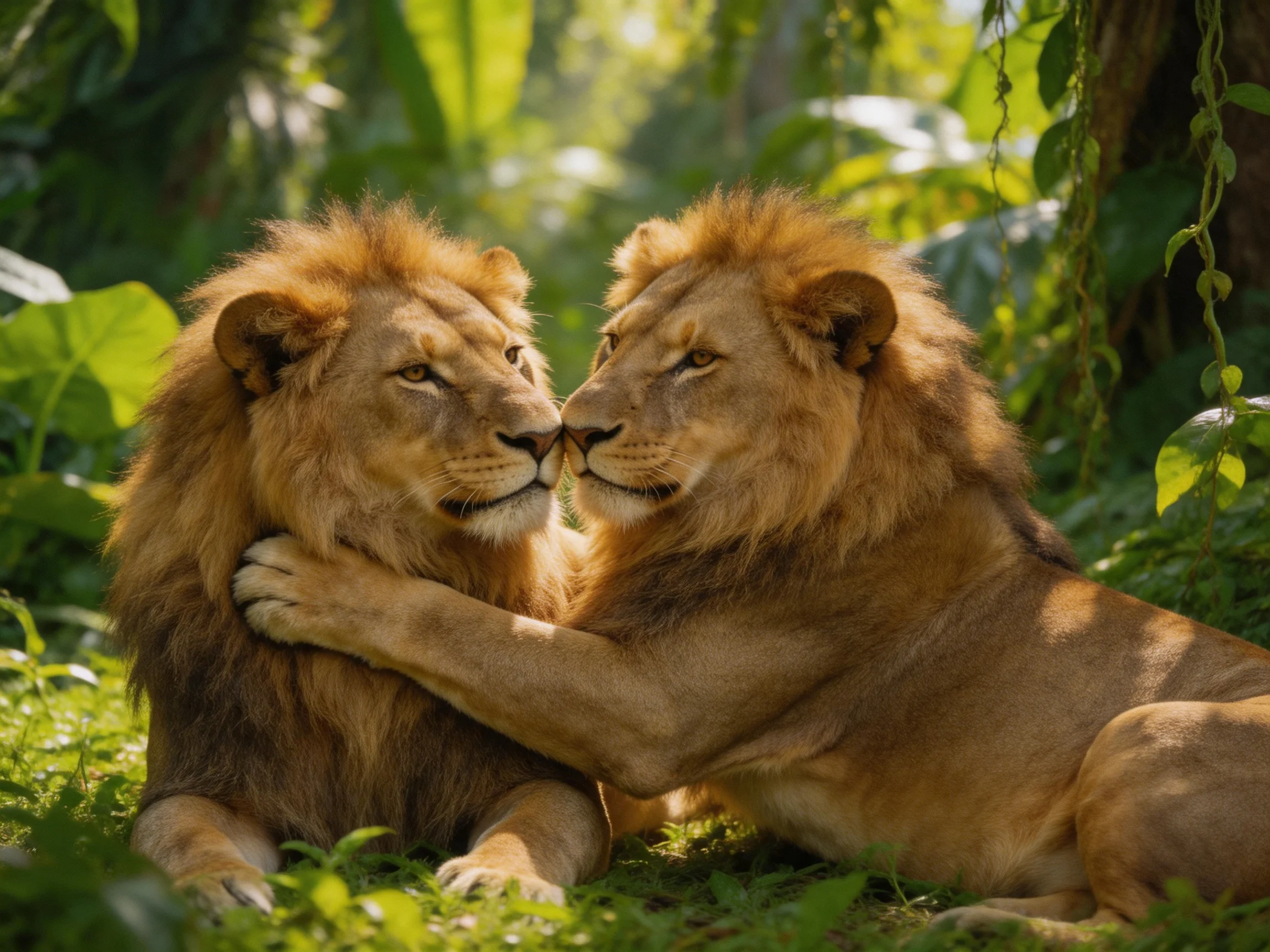 Two lions share an intimate moment among dense greenery.