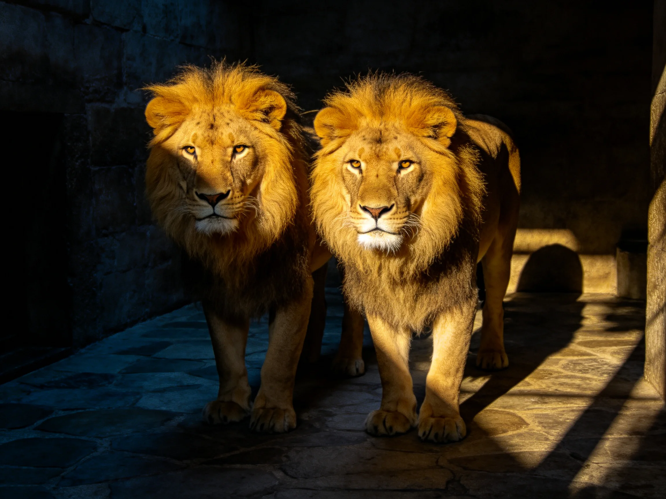 Two lions with golden manes stand beside dark stone walls