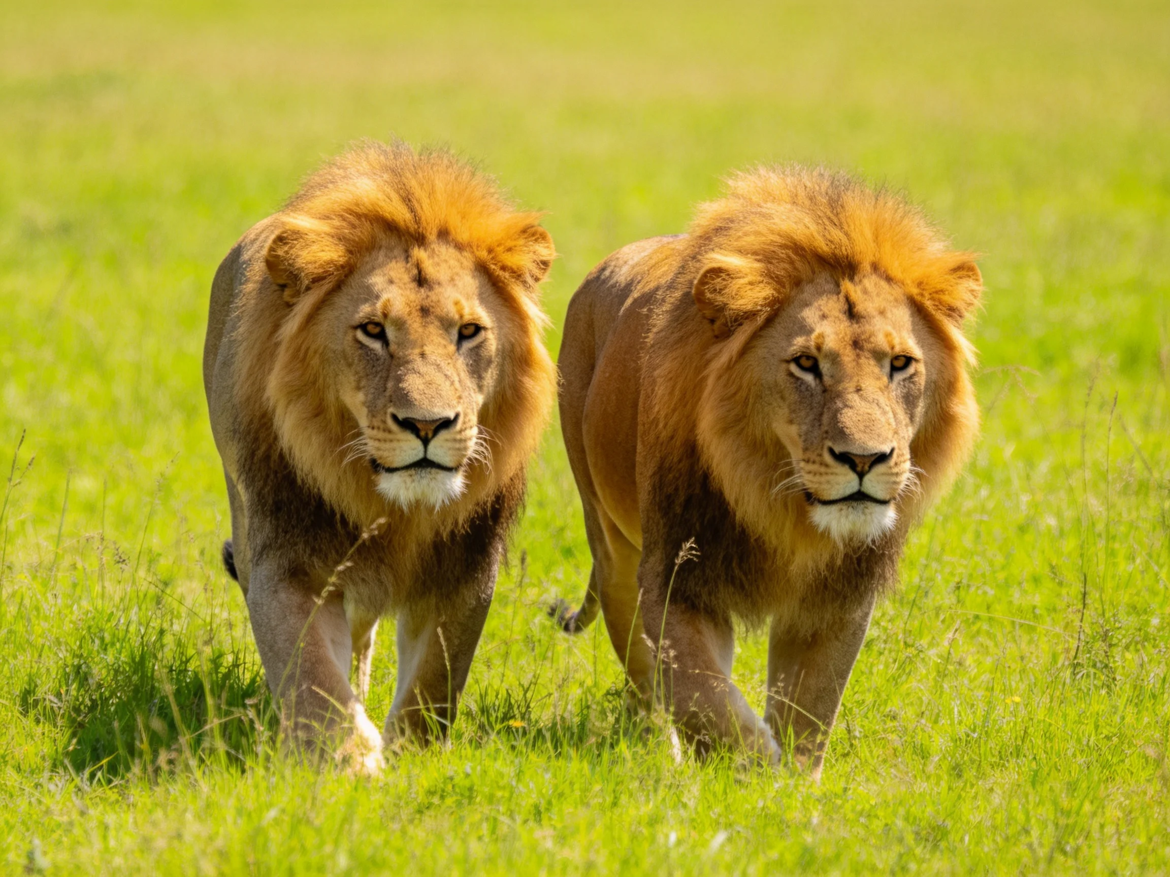 Two lions with golden manes walk through lush green savannah