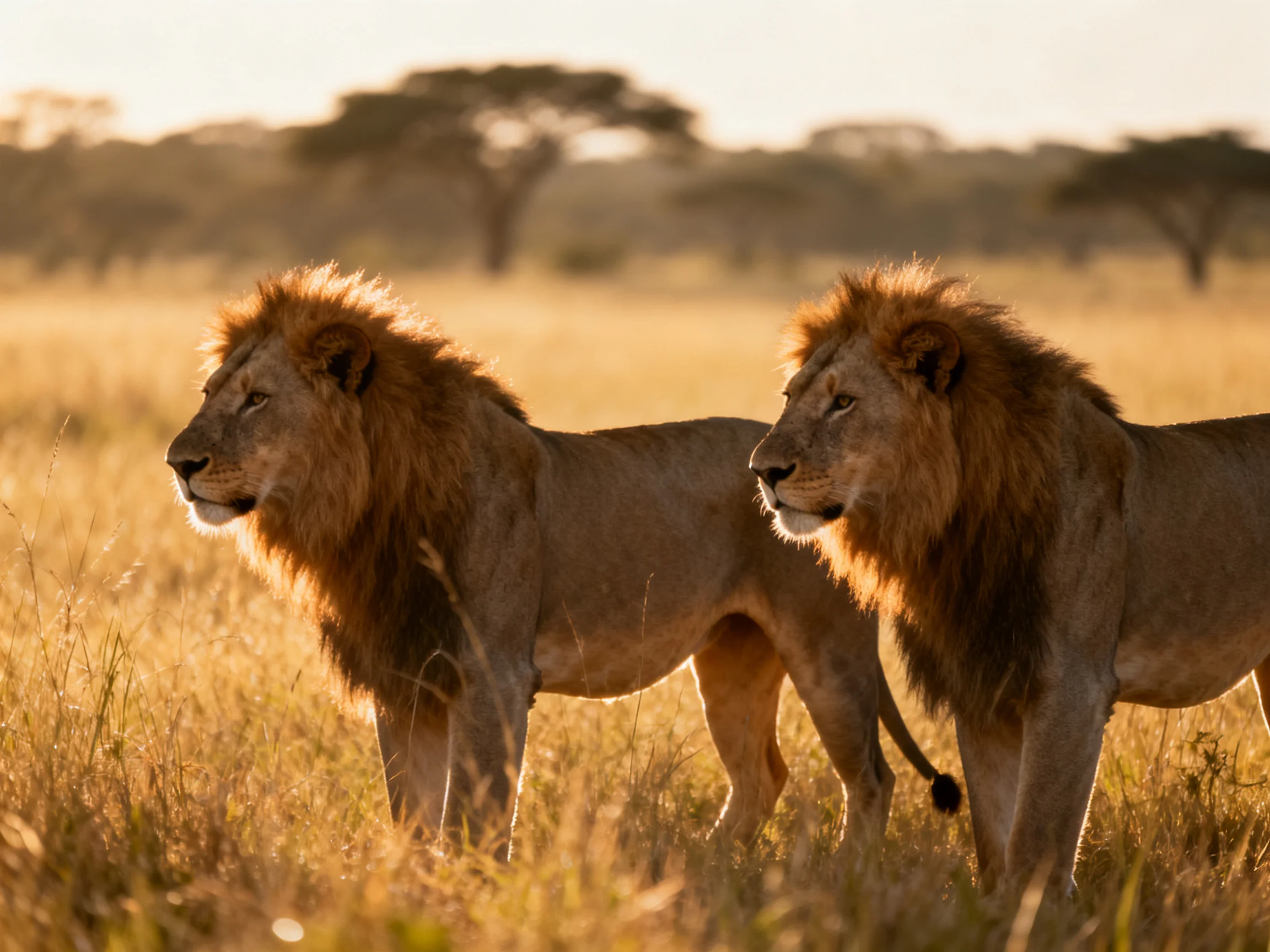 Two lions with thick manes in sunlit savannah grass