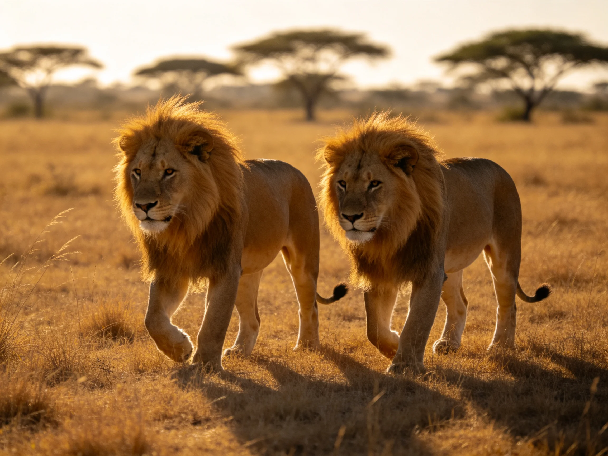 Two lions with thick manes walk through a sunlit savannah landscape