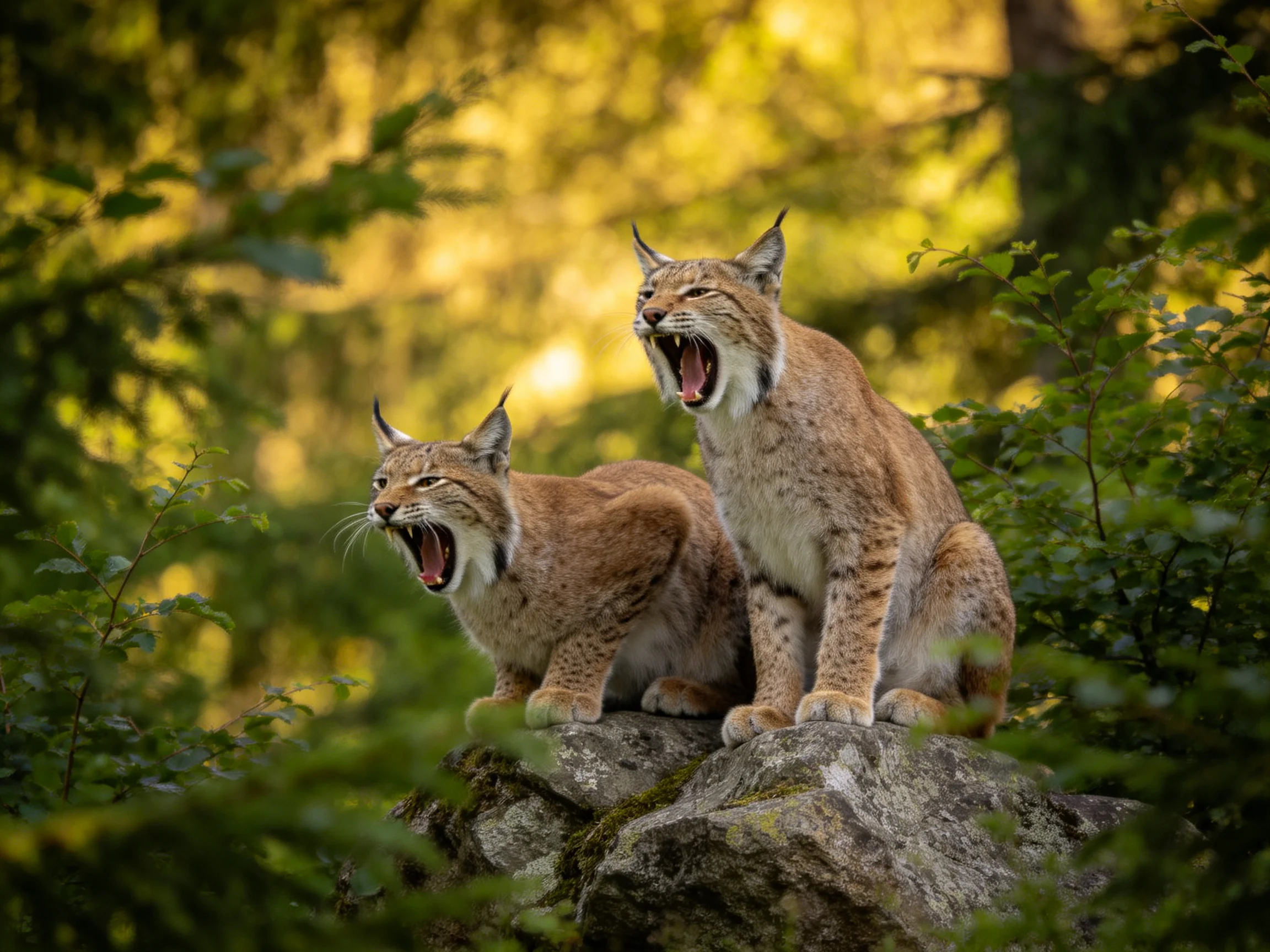 Two lynx cubs yawning on a mossy forest rock
