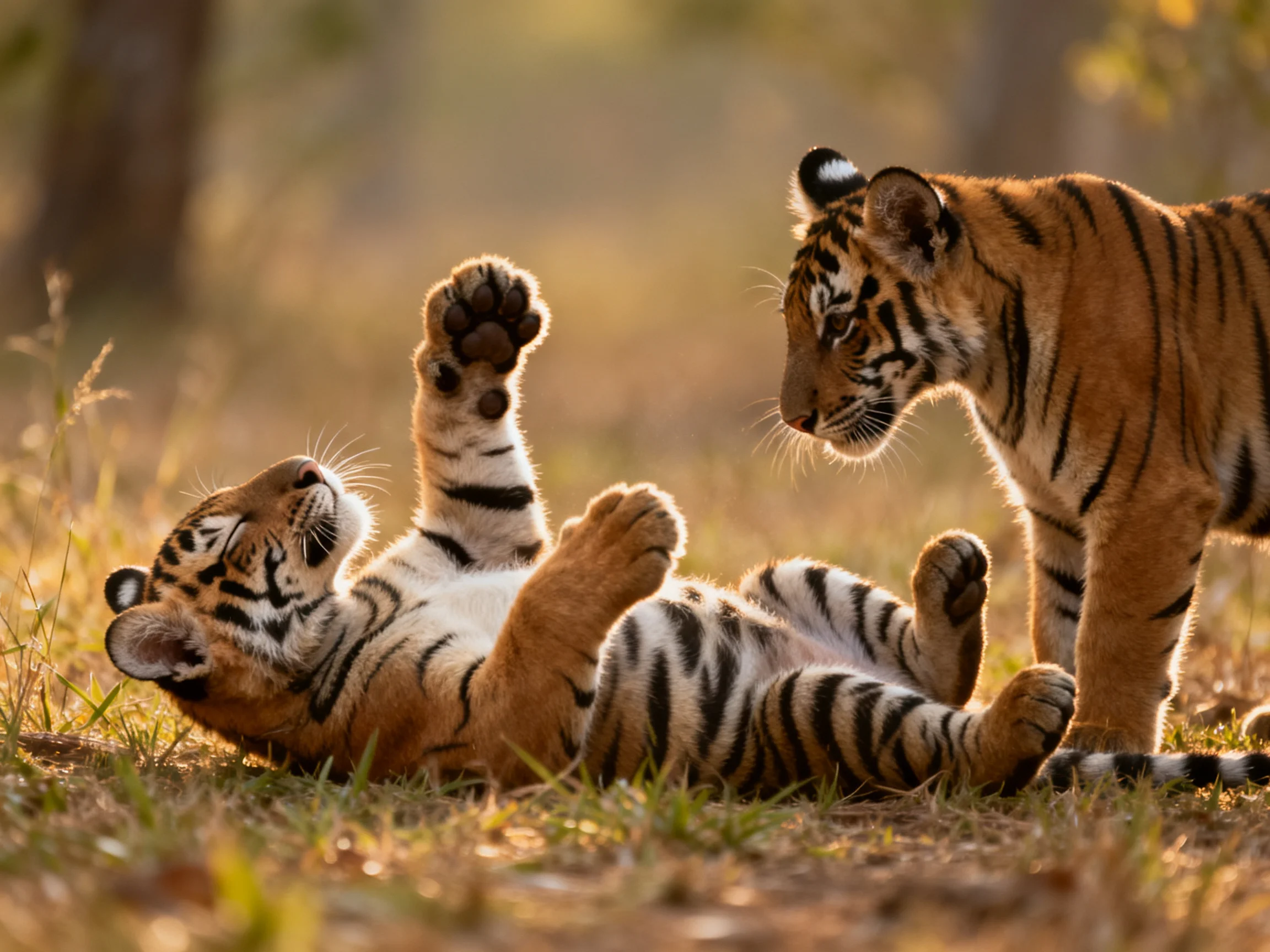 Two orange-striped tiger cubs play in sunlit grassland