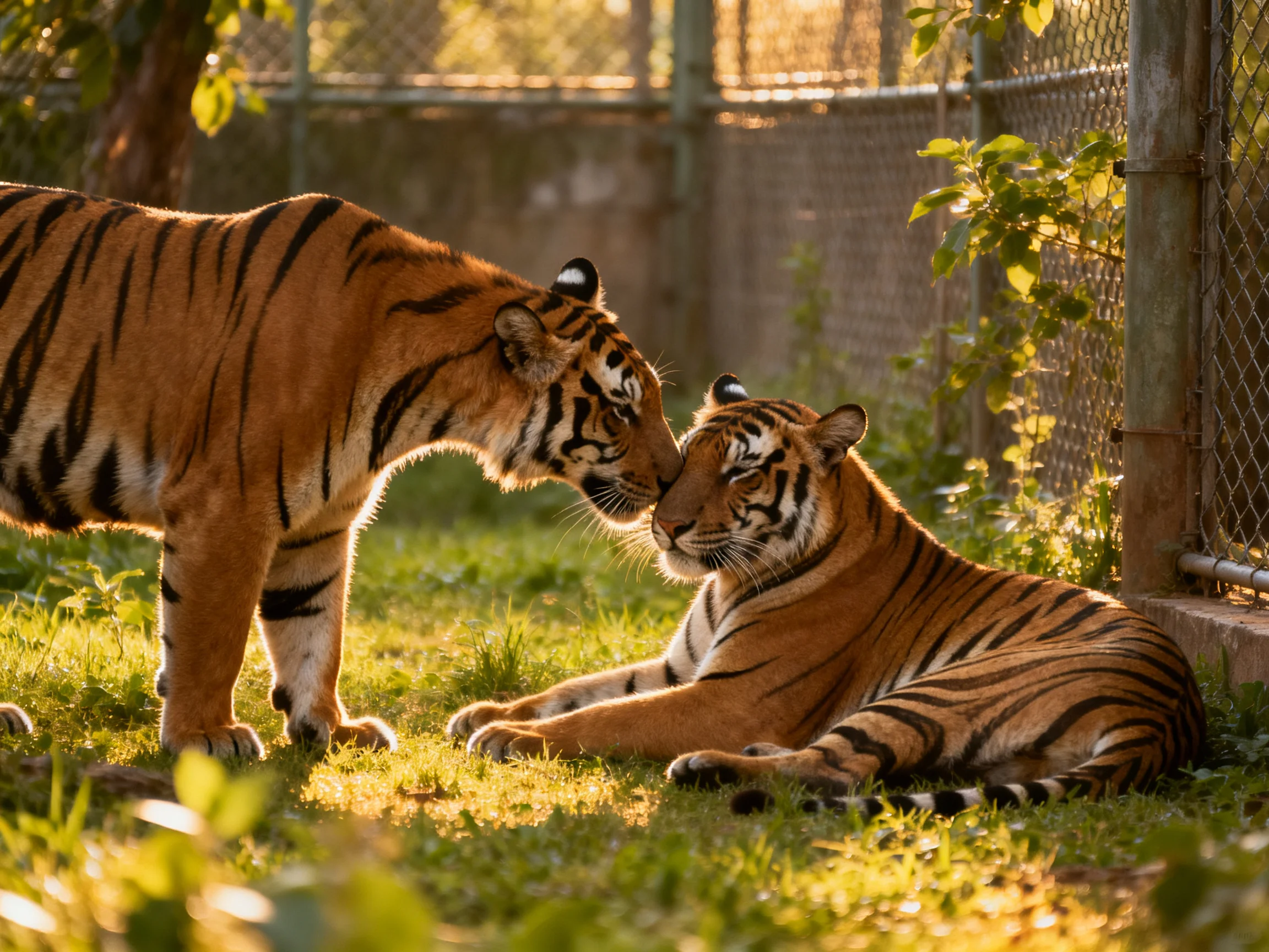 Two orange-striped tigers nuzzle in a sunlit grassy enclosure