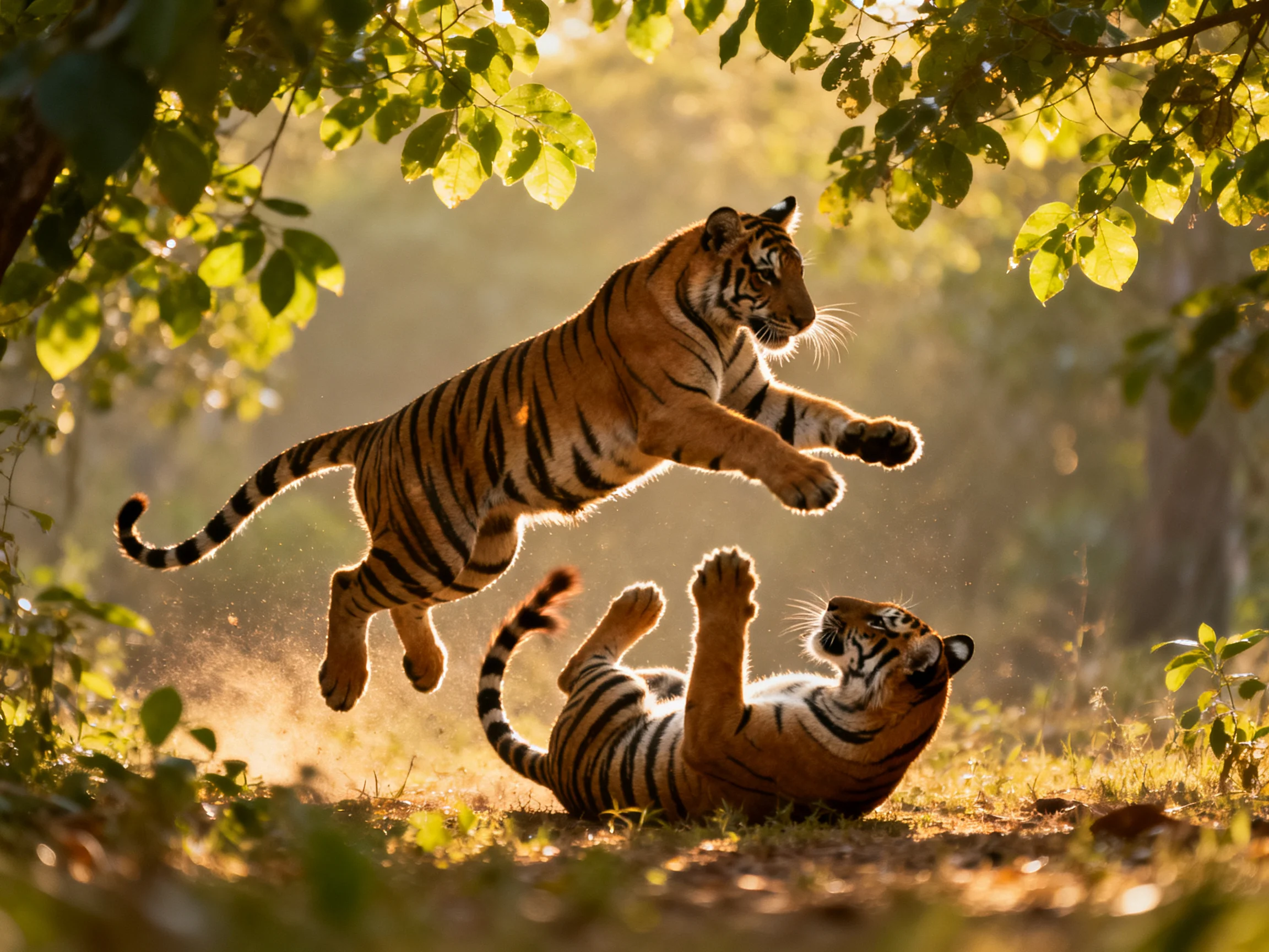 Two orange-striped tigers playfully interact in a sunlit forest