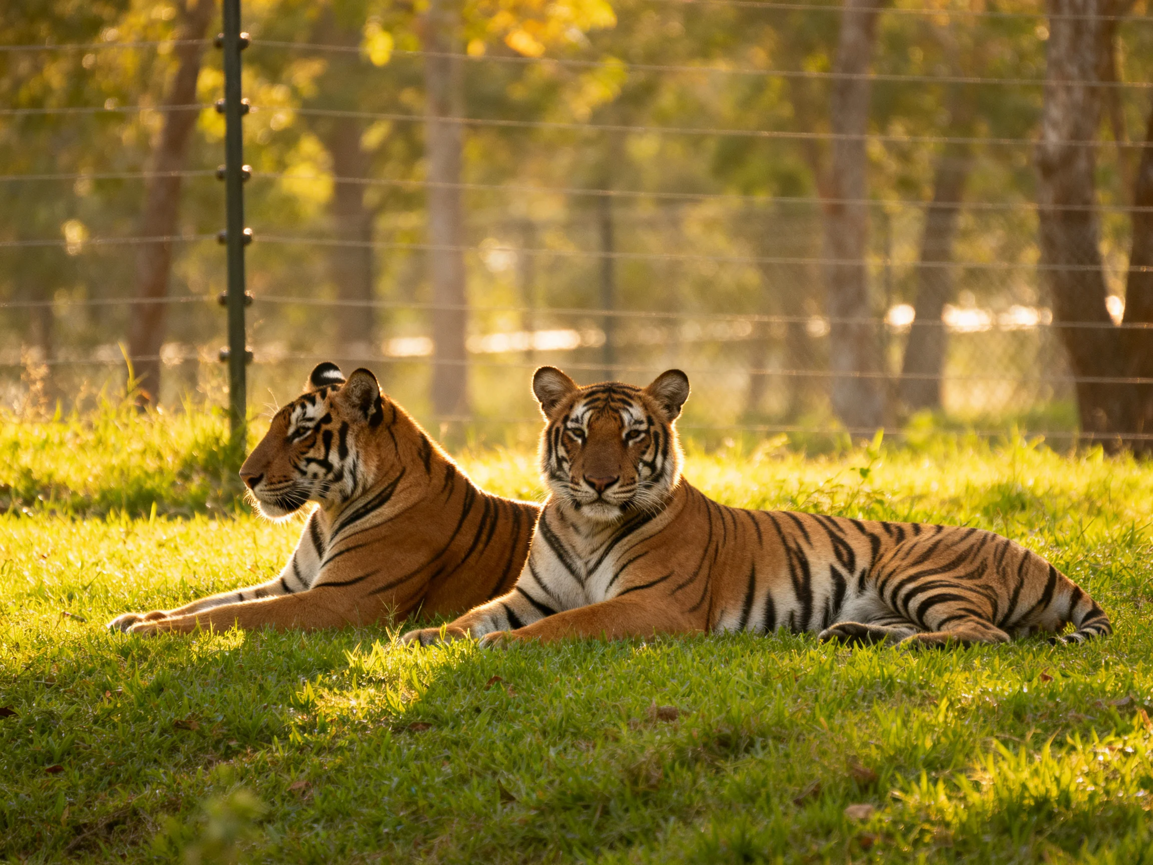 Two orange-striped tigers rest on sun-drenched grass near fenced trees