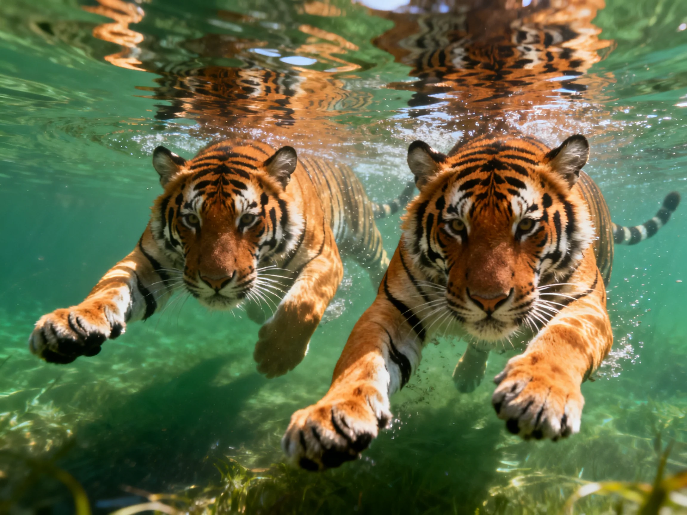 Two orange-striped tigers swim in clear turquoise water