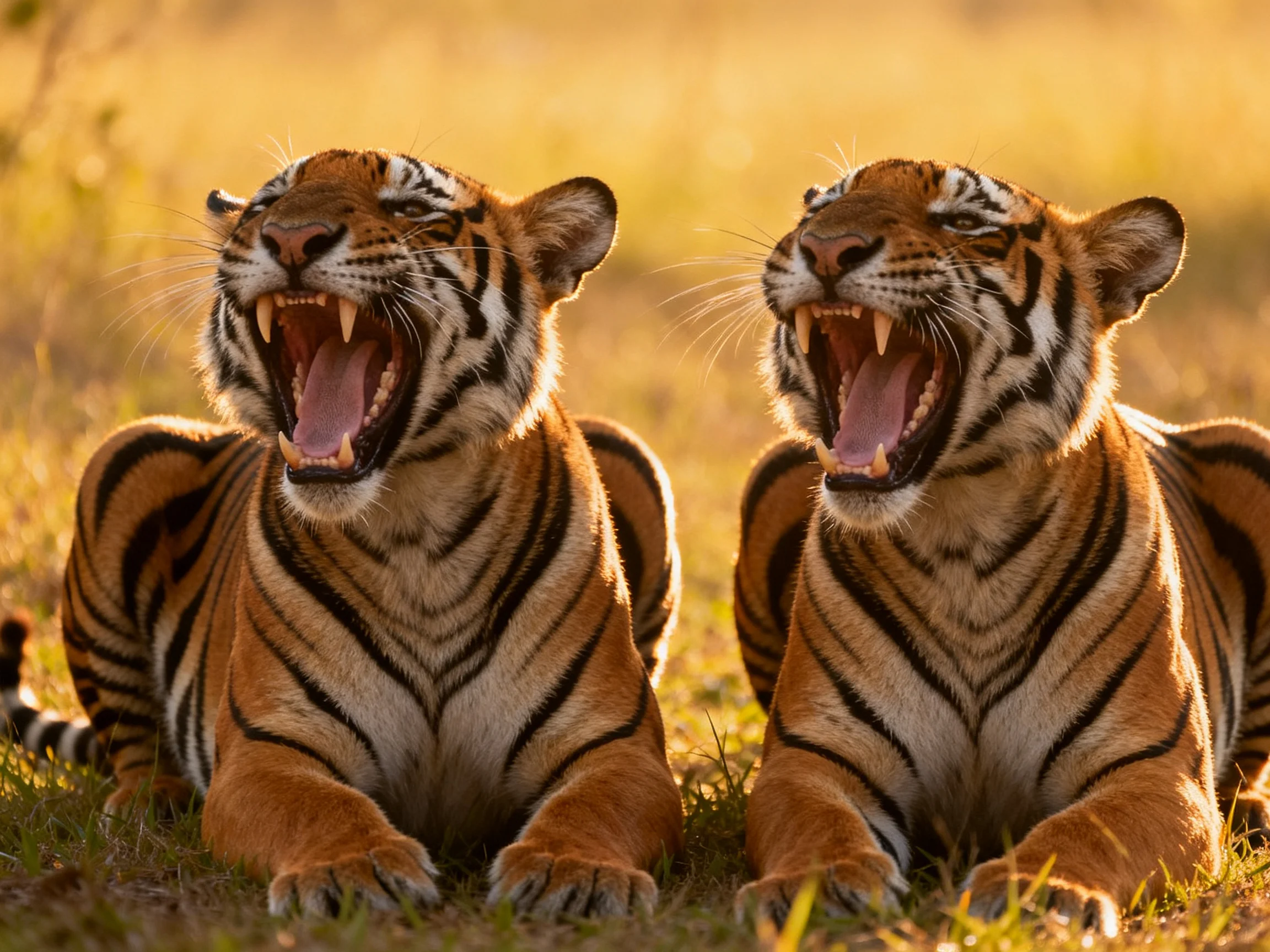 Two orange-striped tigers yawning in sunlit grassland