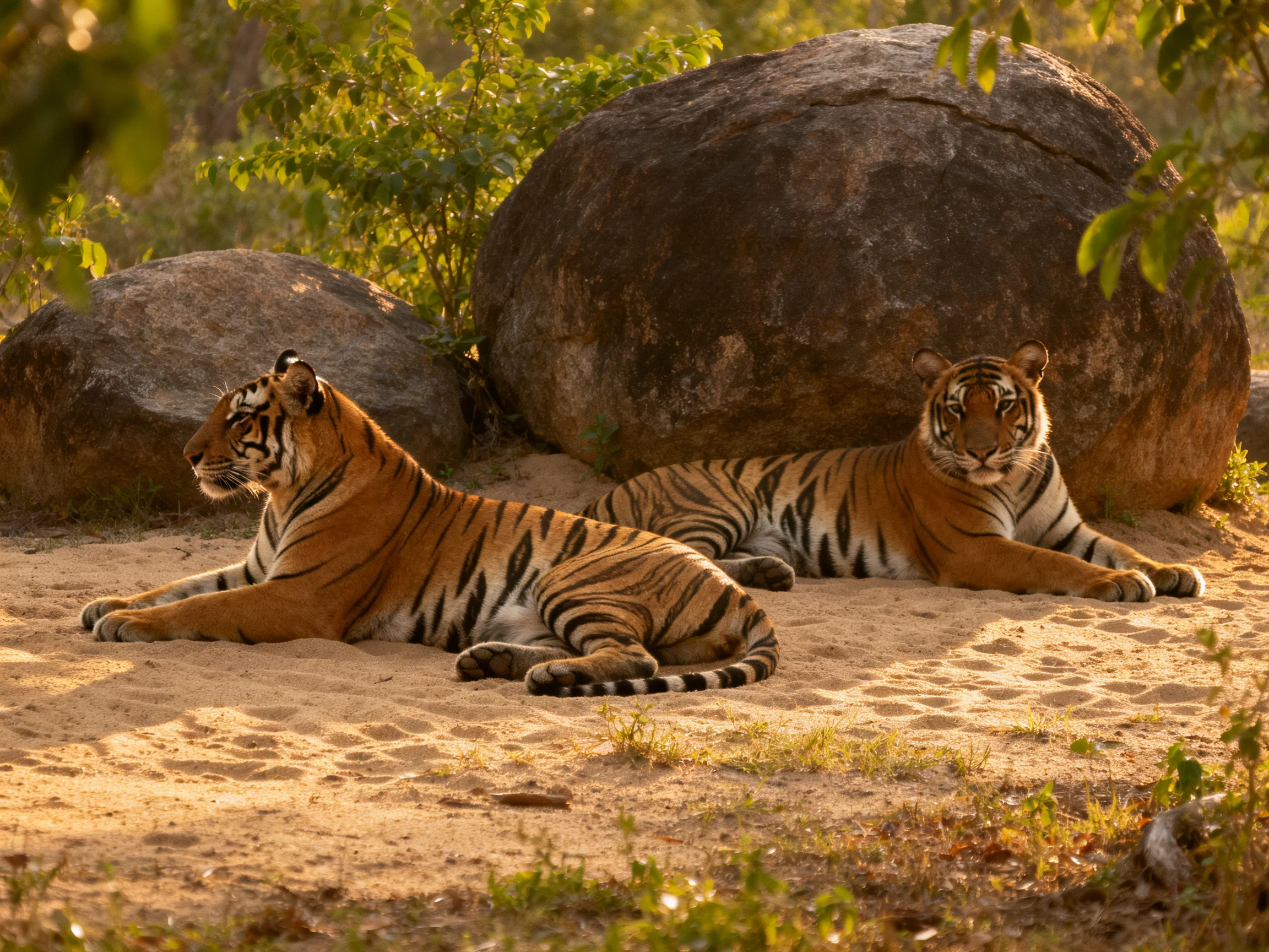 Two tigers rest on sandy ground near large rocks in a sunlit natural setting.