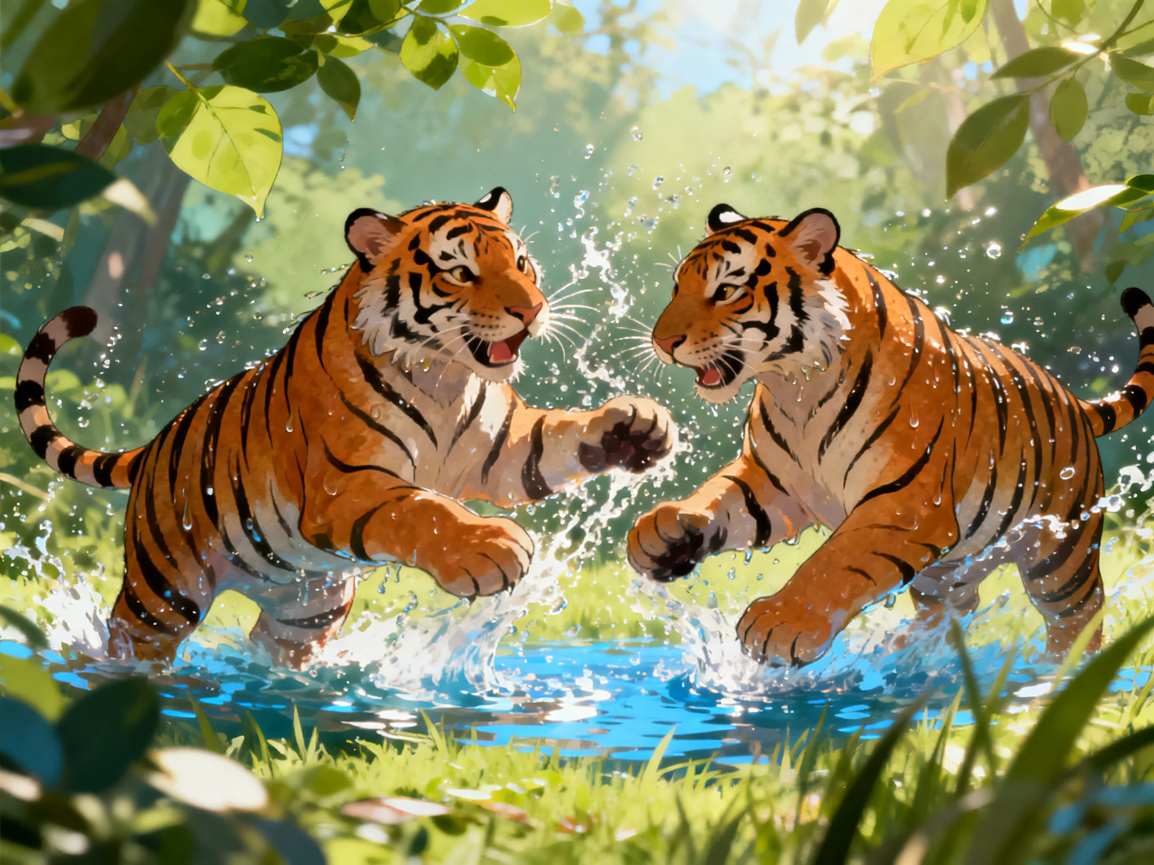 Two orange tigers playfully splash in a sun-dappled forest stream