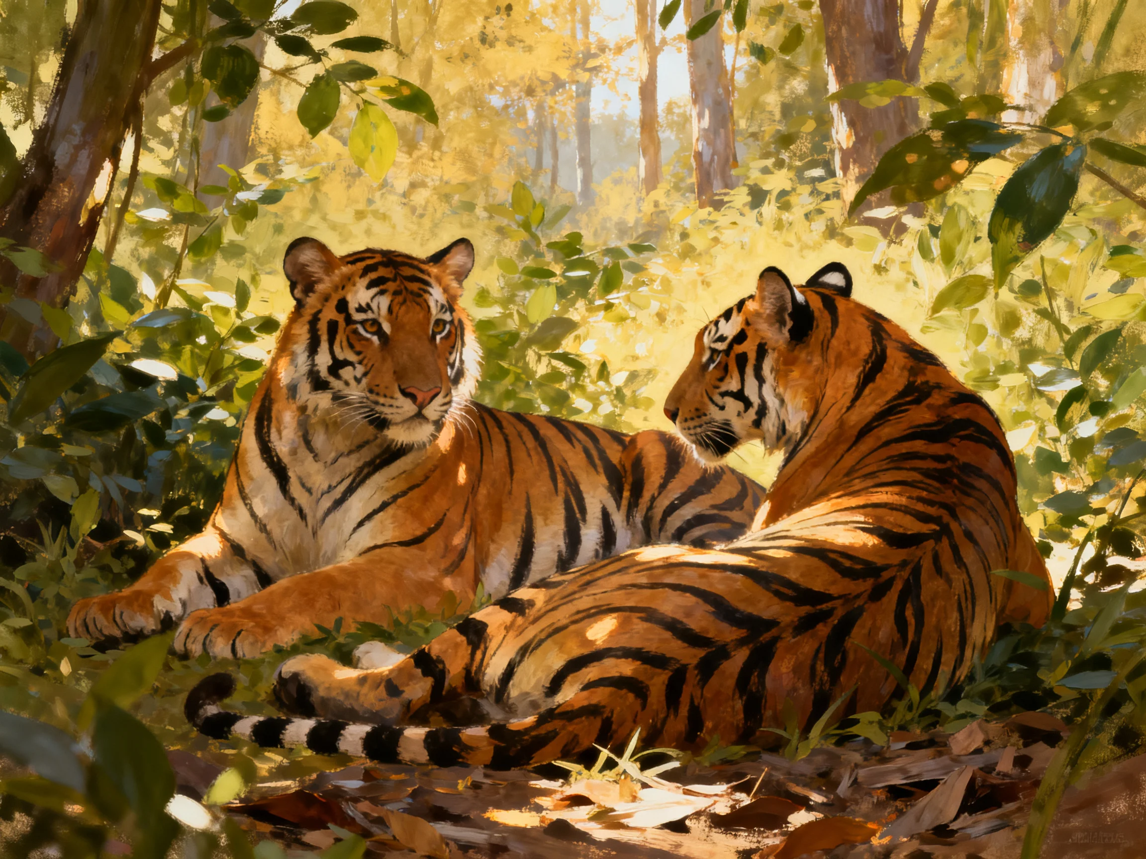 Two orange tigers rest among lush greenery in a sunlit forest