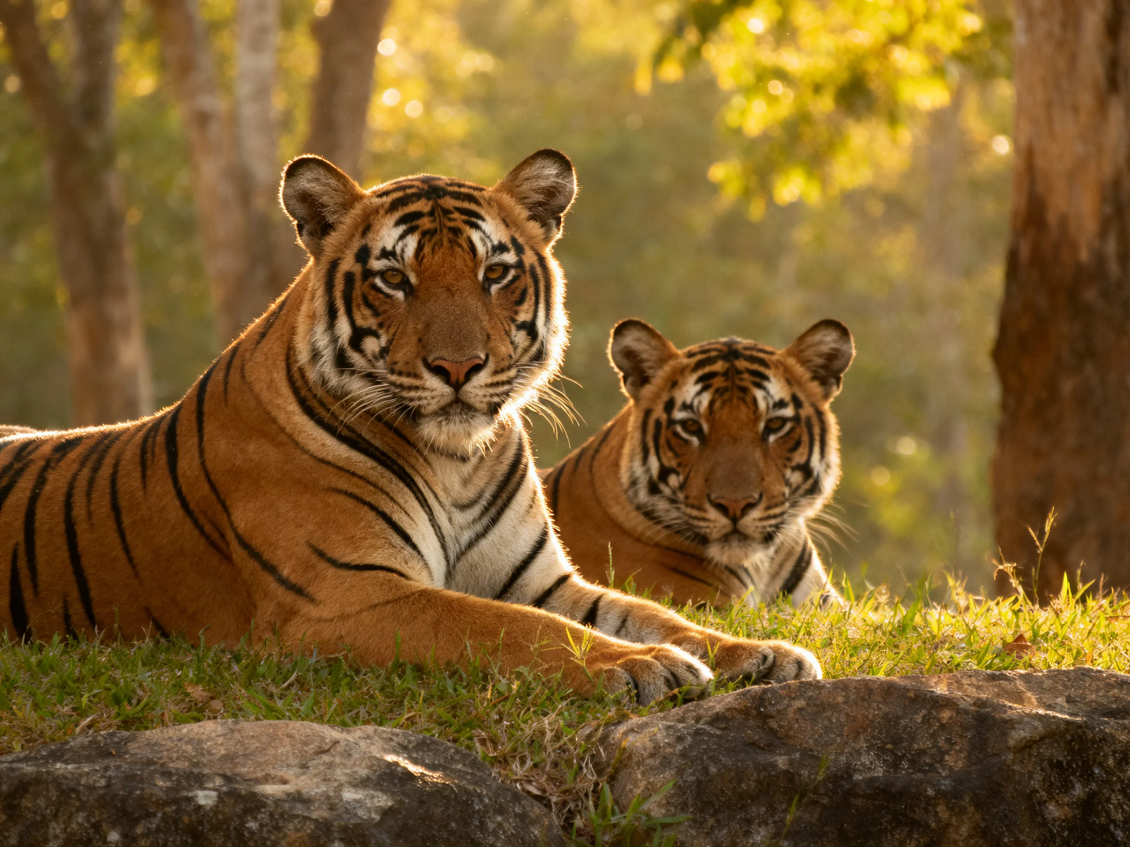 Two orange tigers rest on green grass near rocks in a sunlit forest