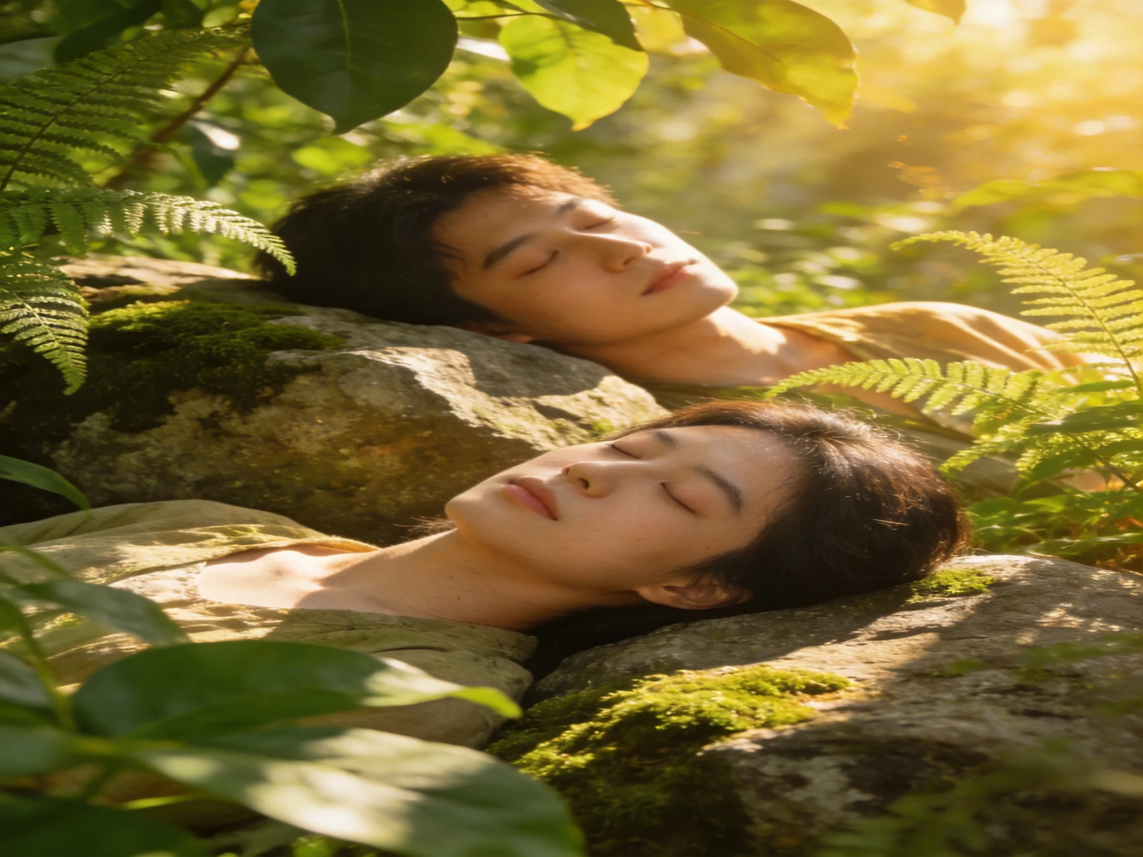 Two people rest on moss-covered rocks in a sunlit natural environment.