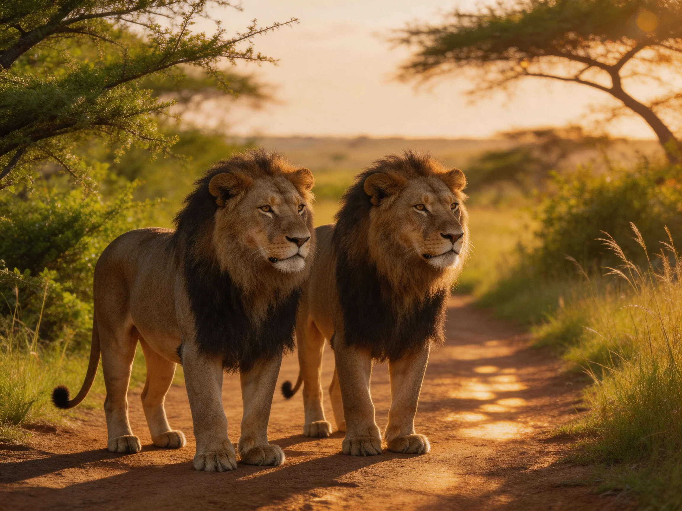 Two male lions stand on a sunlit dirt path in the savannah