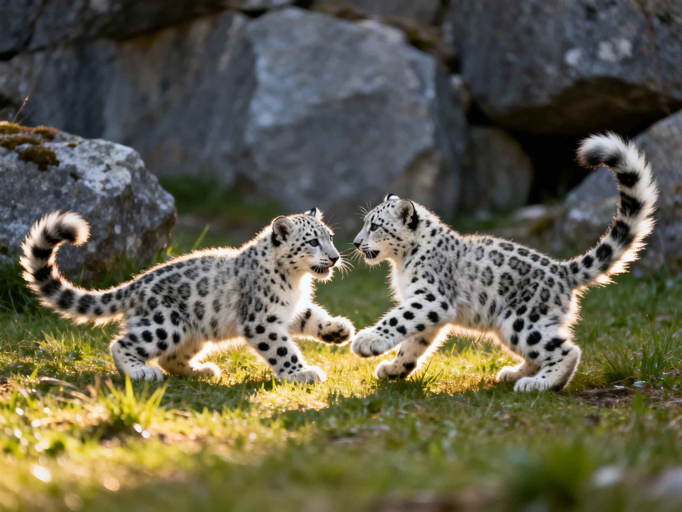 Two snow leopard cubs with black spots play near large gray rocks