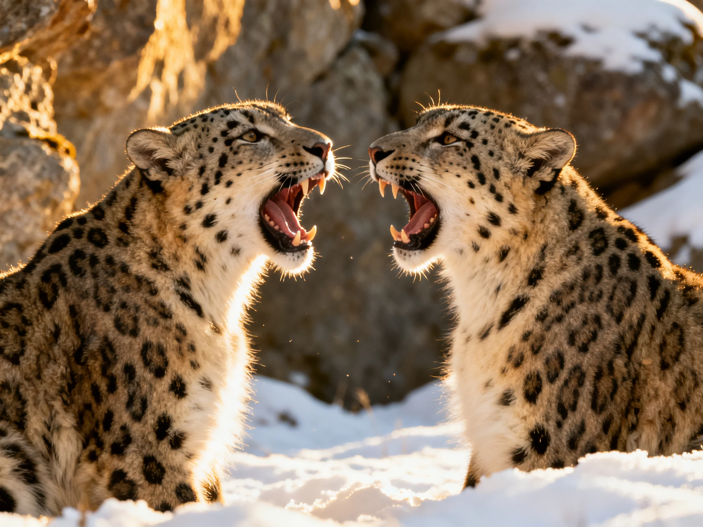 Two snow leopards roaring face-to-face in snowy rocky terrain