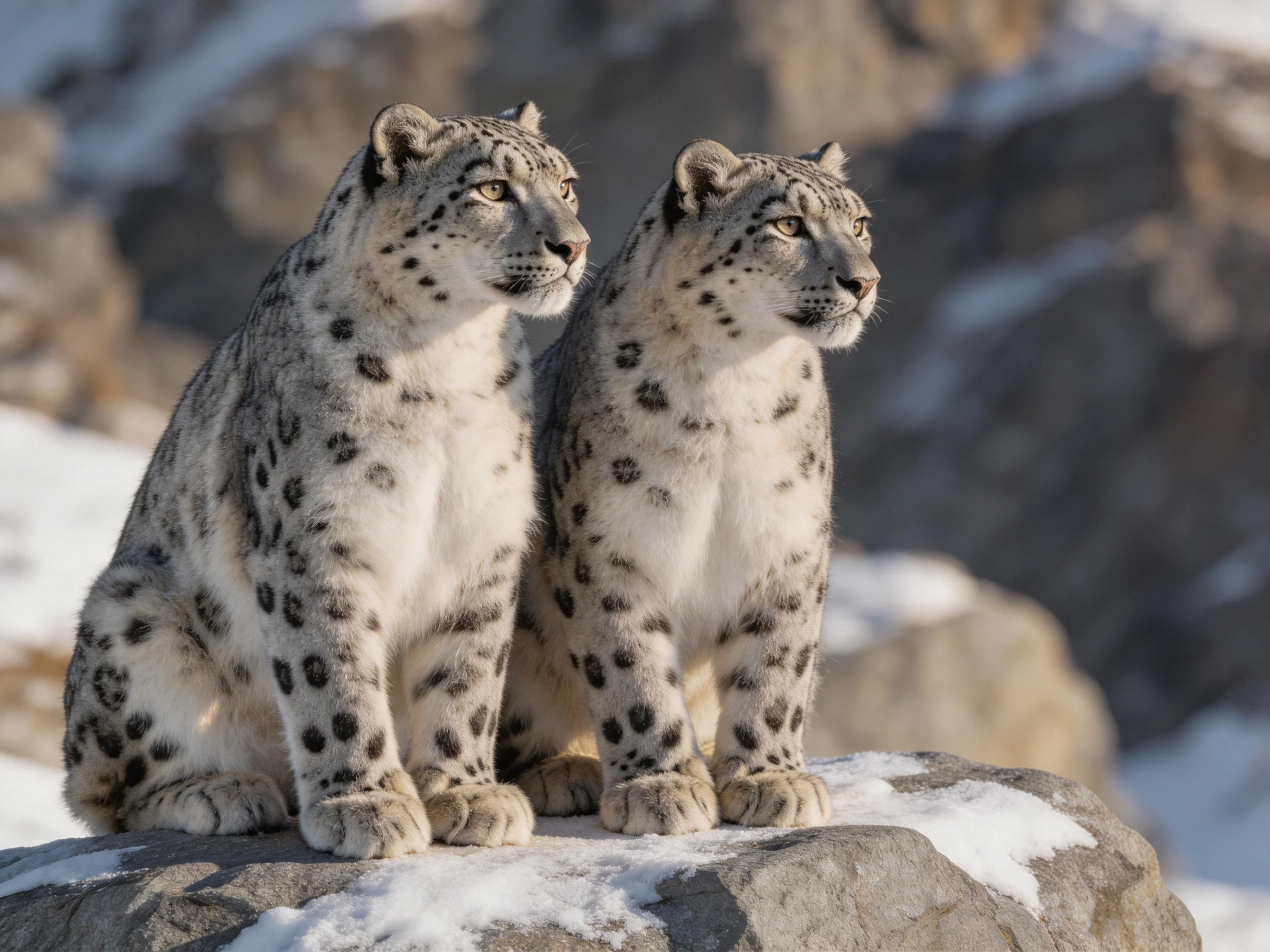 Two snow leopards sit on a snowy rocky outcrop