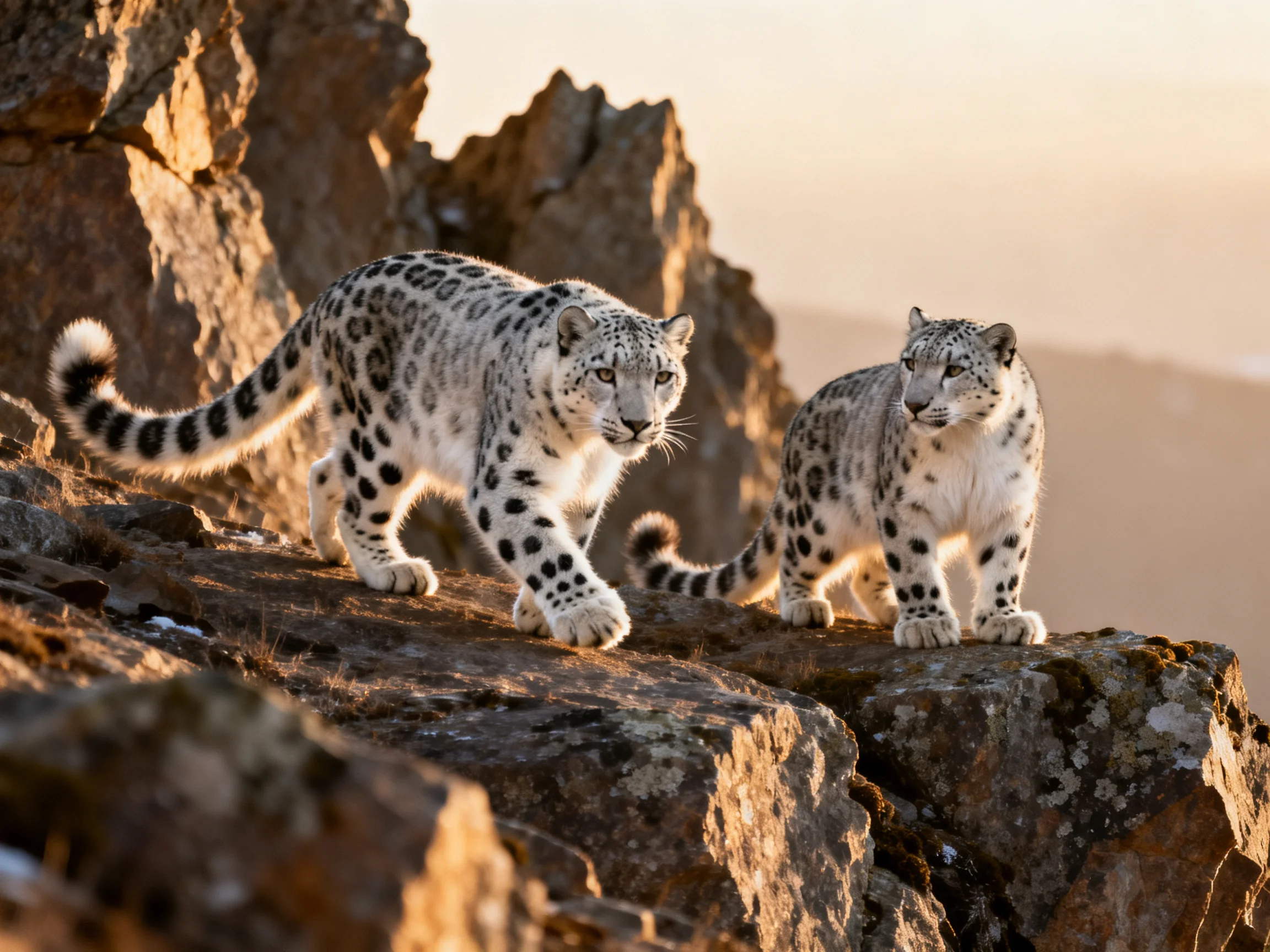 Two snow leopards traverse rugged brown rock formations under golden light