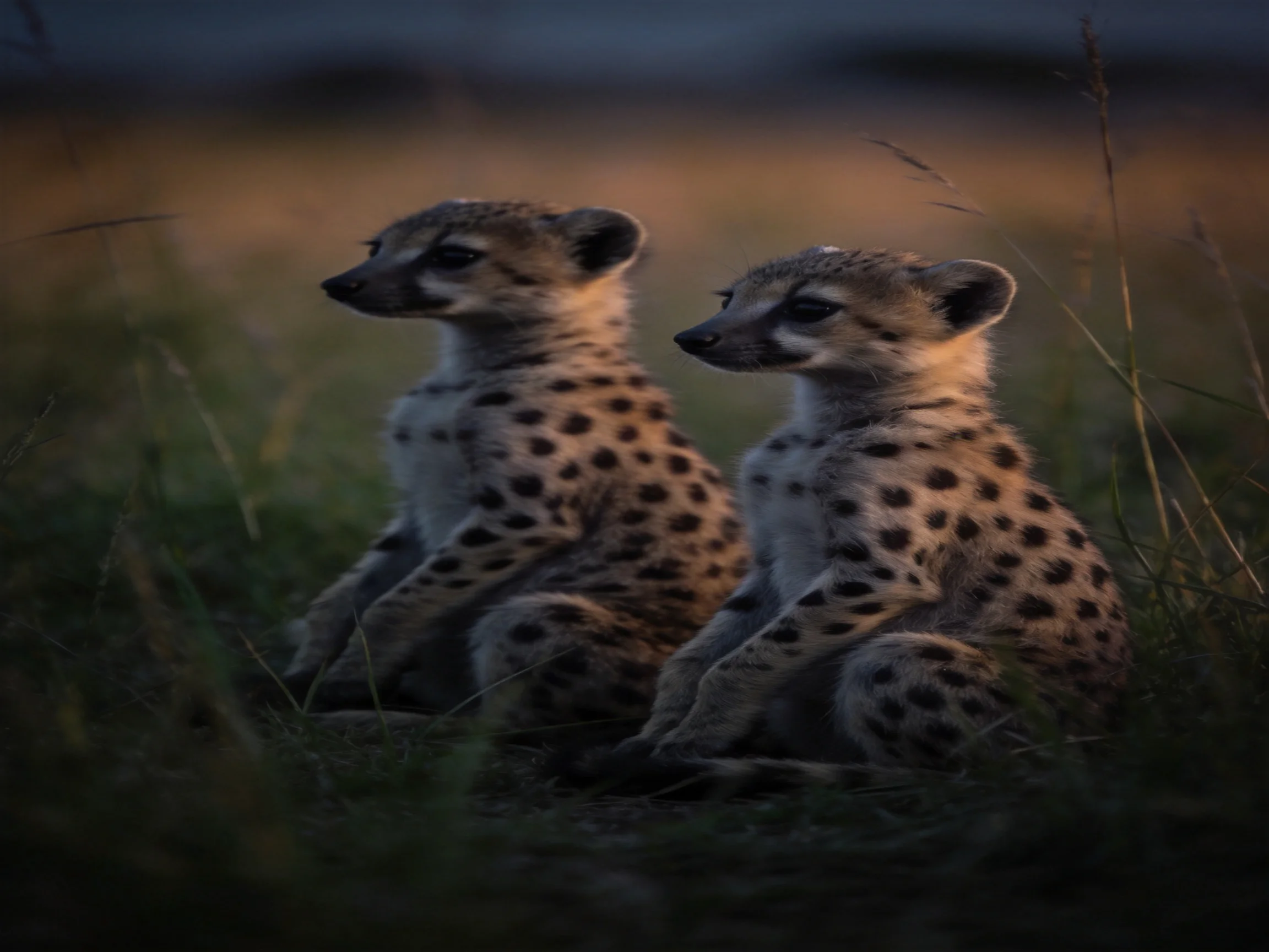 Two spotted cheetah cubs sit in tall grass during twilight