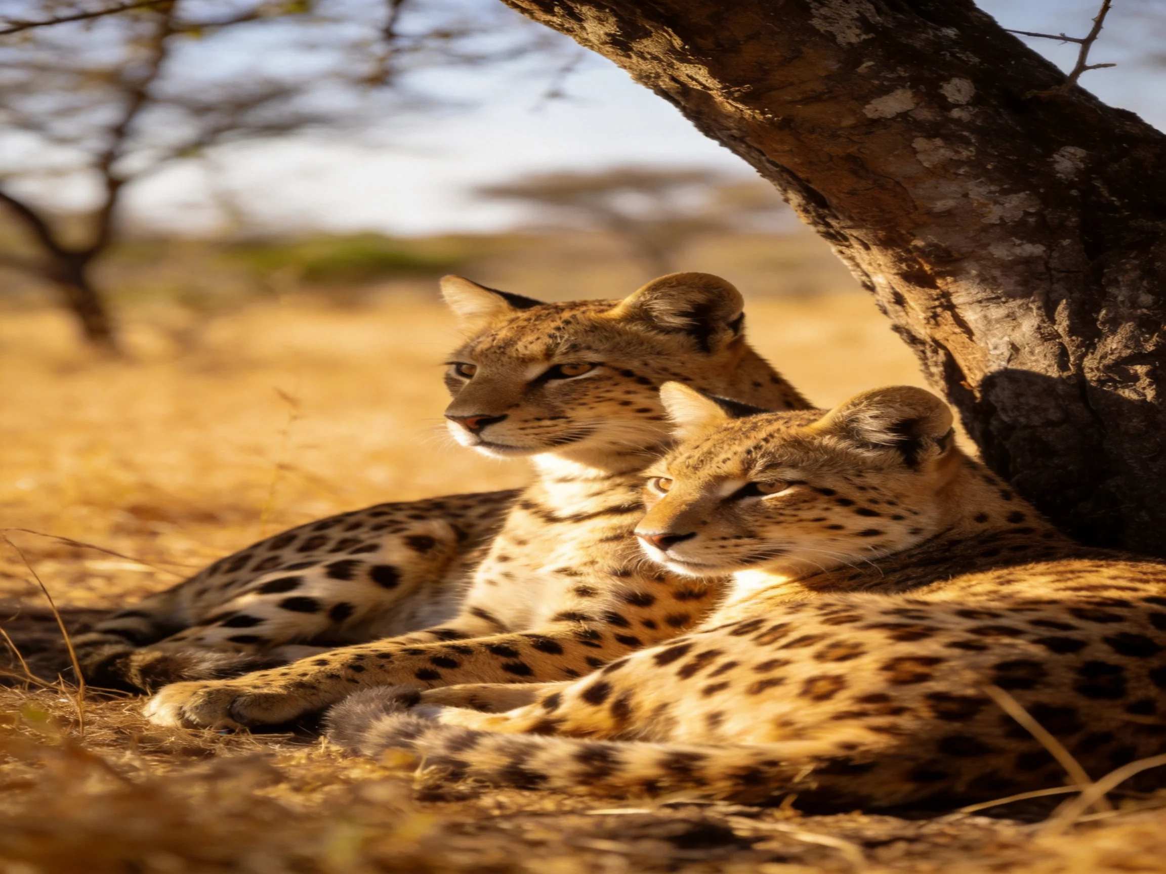Two spotted cheetahs rest beneath a large tree in golden savannah